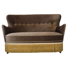 Vintage 1960s, Danish 2-seater sofa, green furniture velour, original condition.