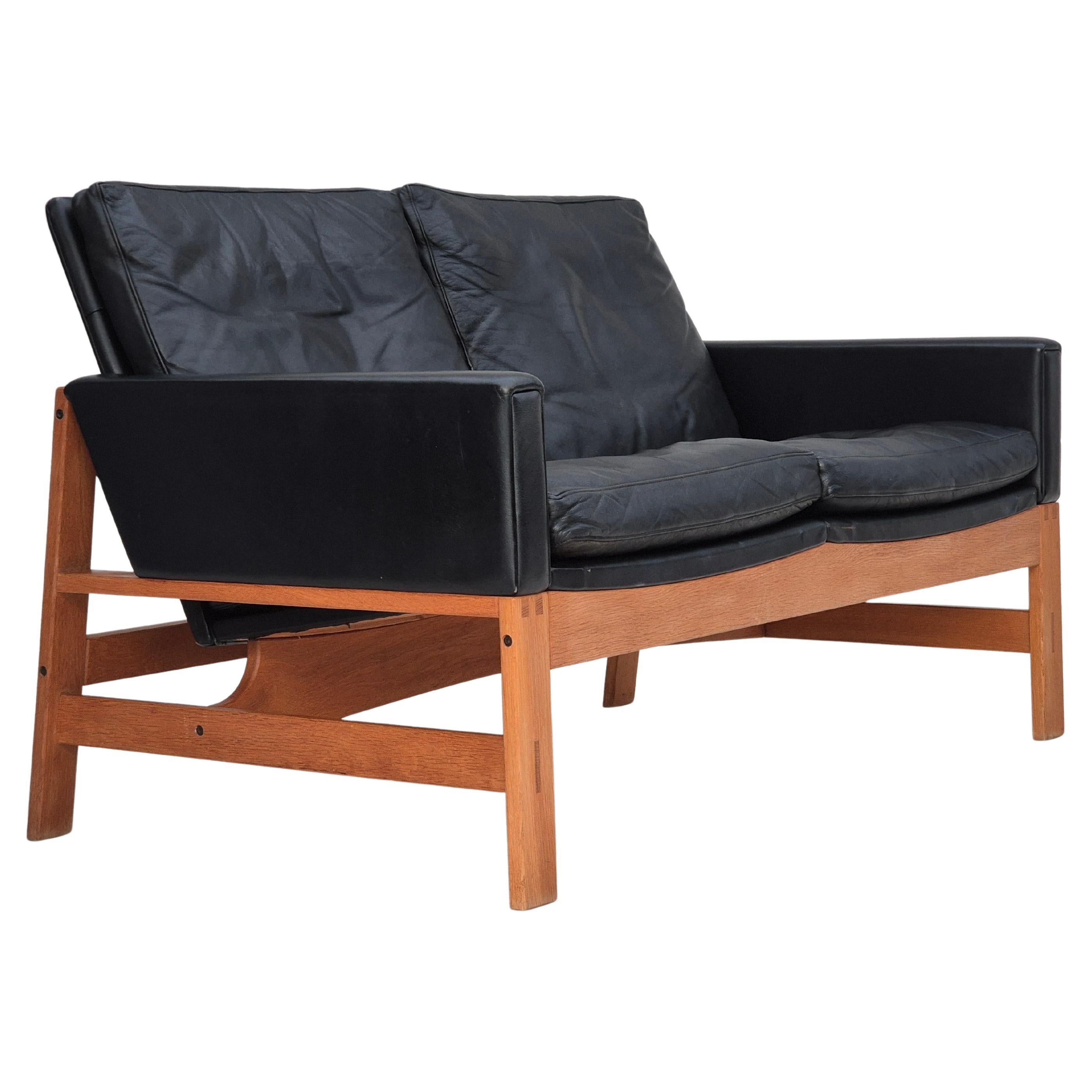 Años 60, sofá danés de 2 plazas en estado original, muebles de cuero, madera de roble.