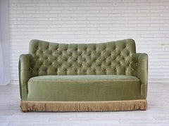 1960s, Danish 2-seater sofa, light green furniture velour, ash wood.