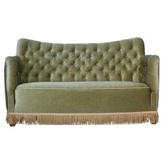 1960s, Danish 2-seater sofa, light green furniture velour, ash wood.