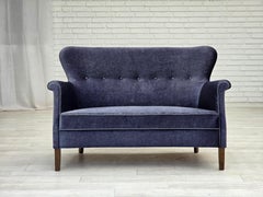 1960s, Danish 2-seater sofa, original blue furniture velour, beech wood legs.