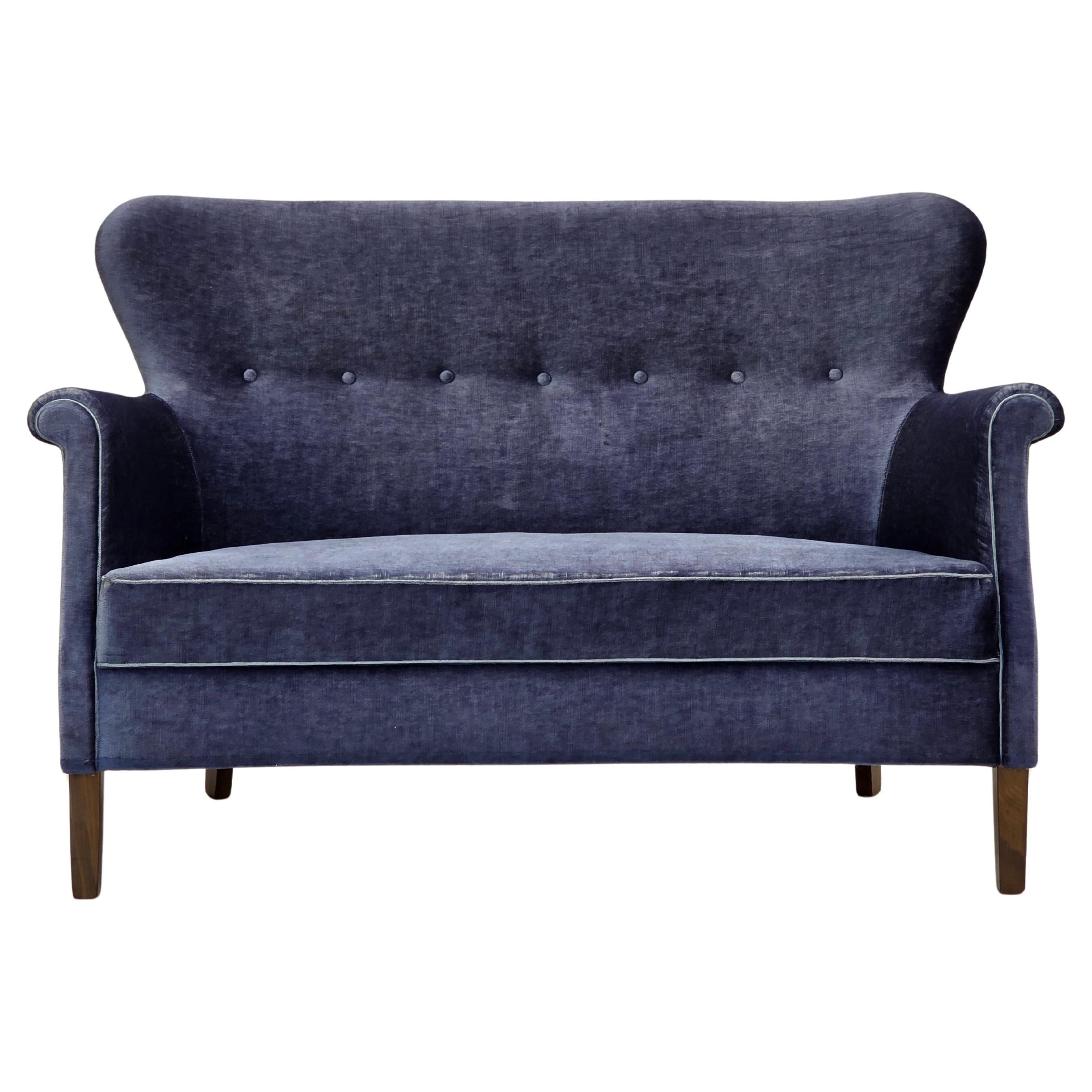 1960s, Danish 2-seater sofa, original blue furniture velour, beech wood legs.