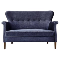 Vintage 1960s, Danish 2-seater sofa, original blue furniture velour, beech wood legs.