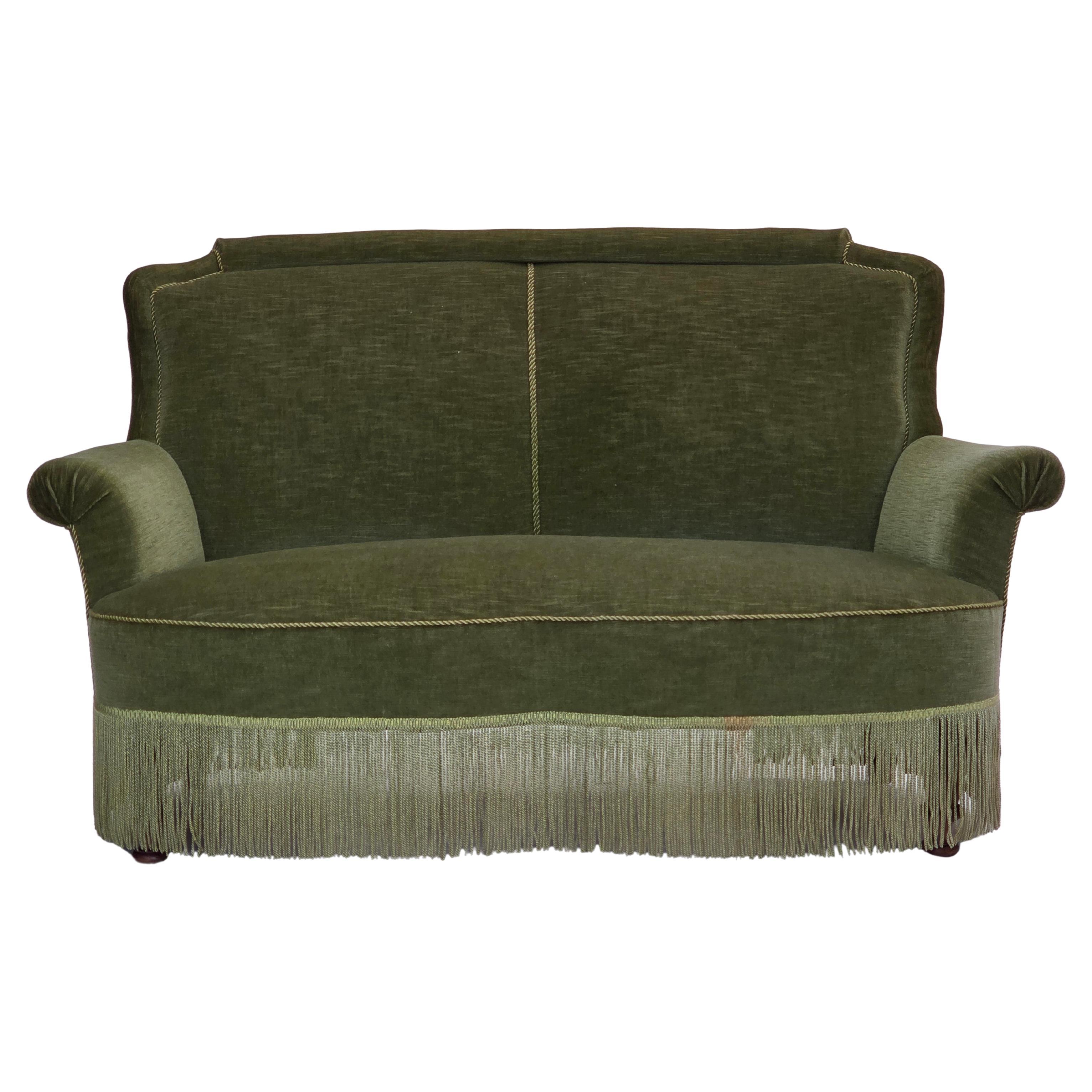 1960s, Danish 2-seater sofa, original green furniture velour, beech wood legs.