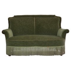1960s, Danish 2-seater sofa, original green furniture velour, beech wood legs.