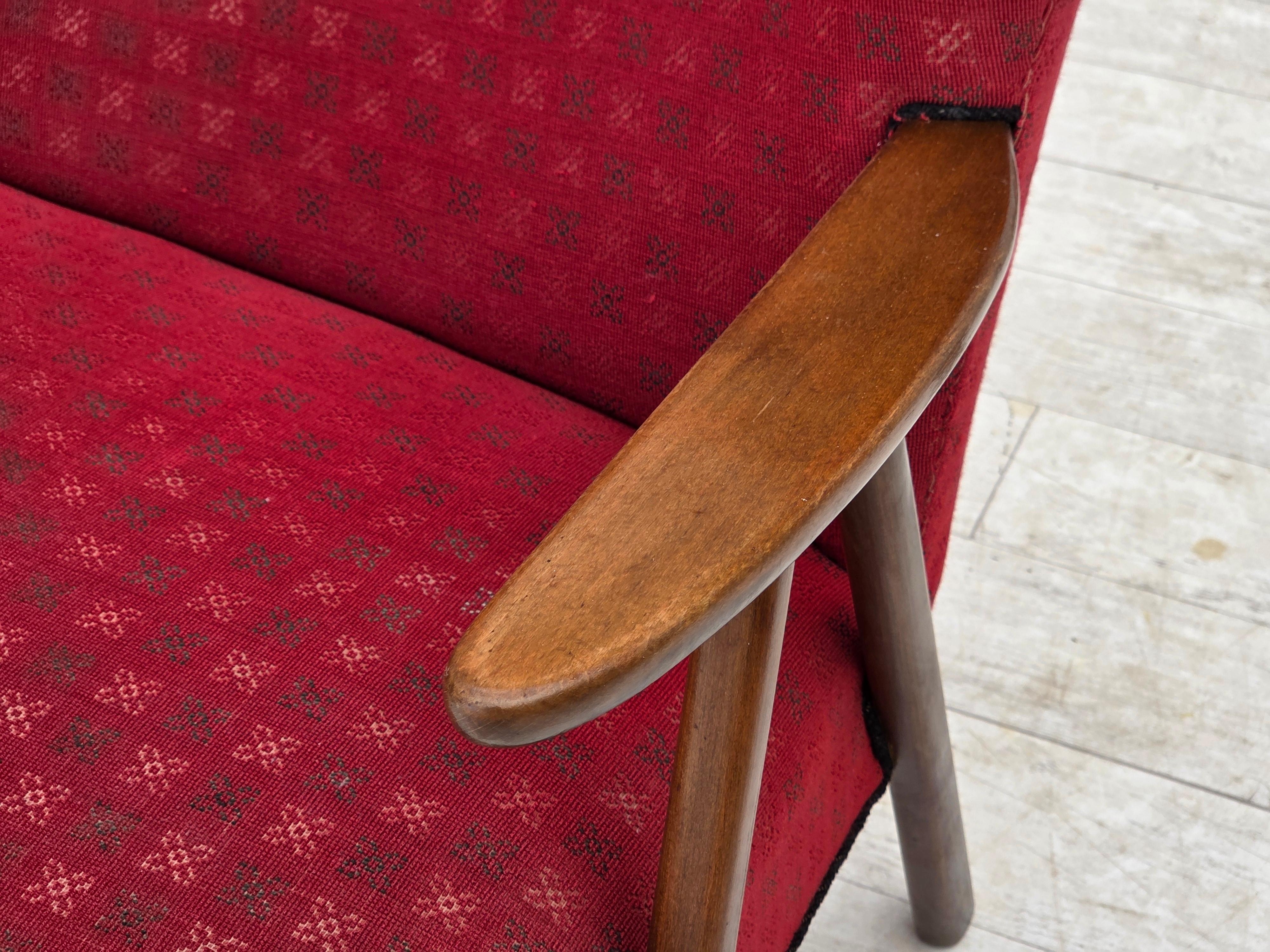 1960s, Danish 2-seater sofa, red furniture fabric, beech wood legs and armrests. For Sale 9
