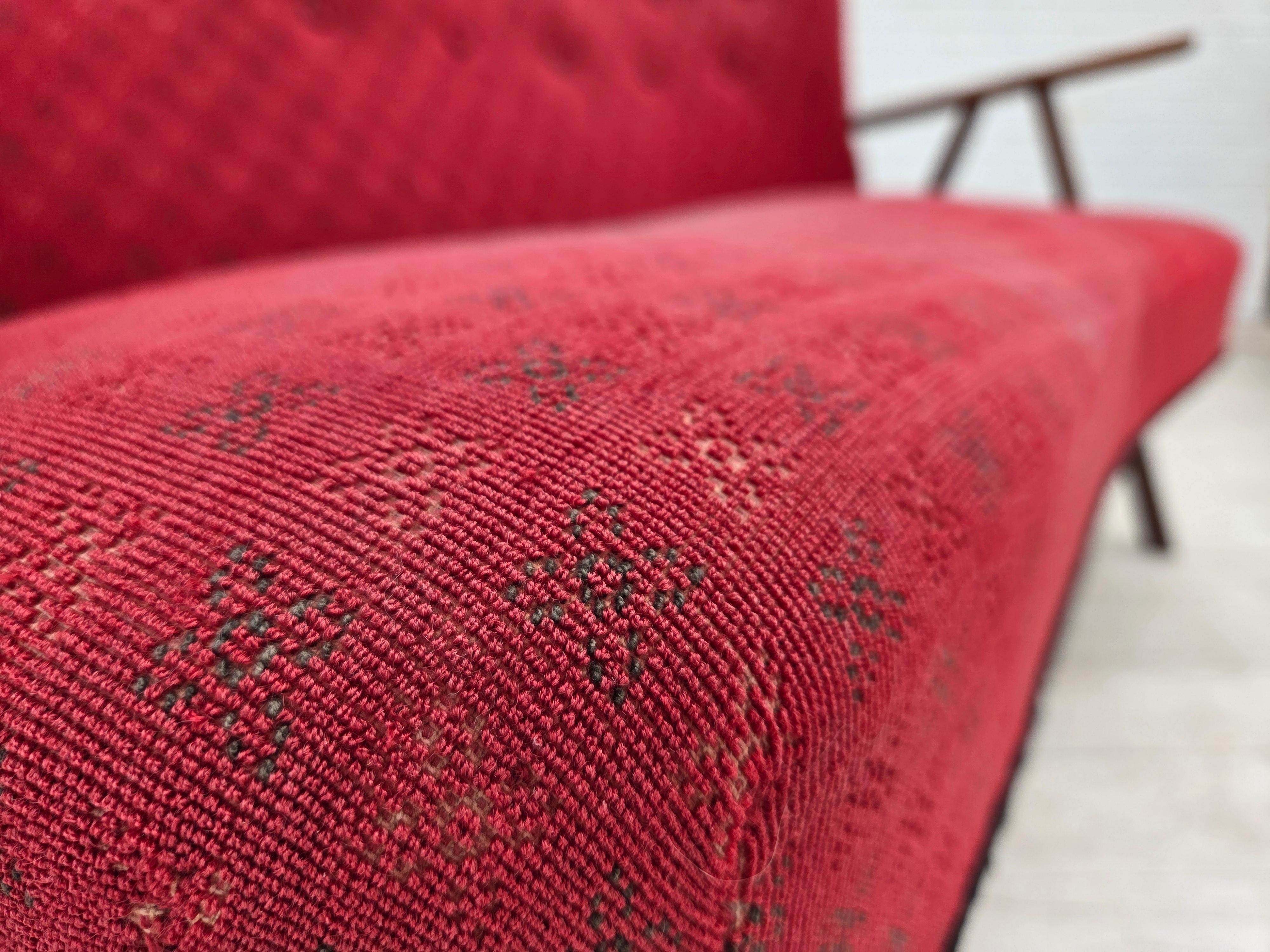 1960s, Danish 2-seater sofa, red furniture fabric, beech wood legs and armrests. For Sale 11