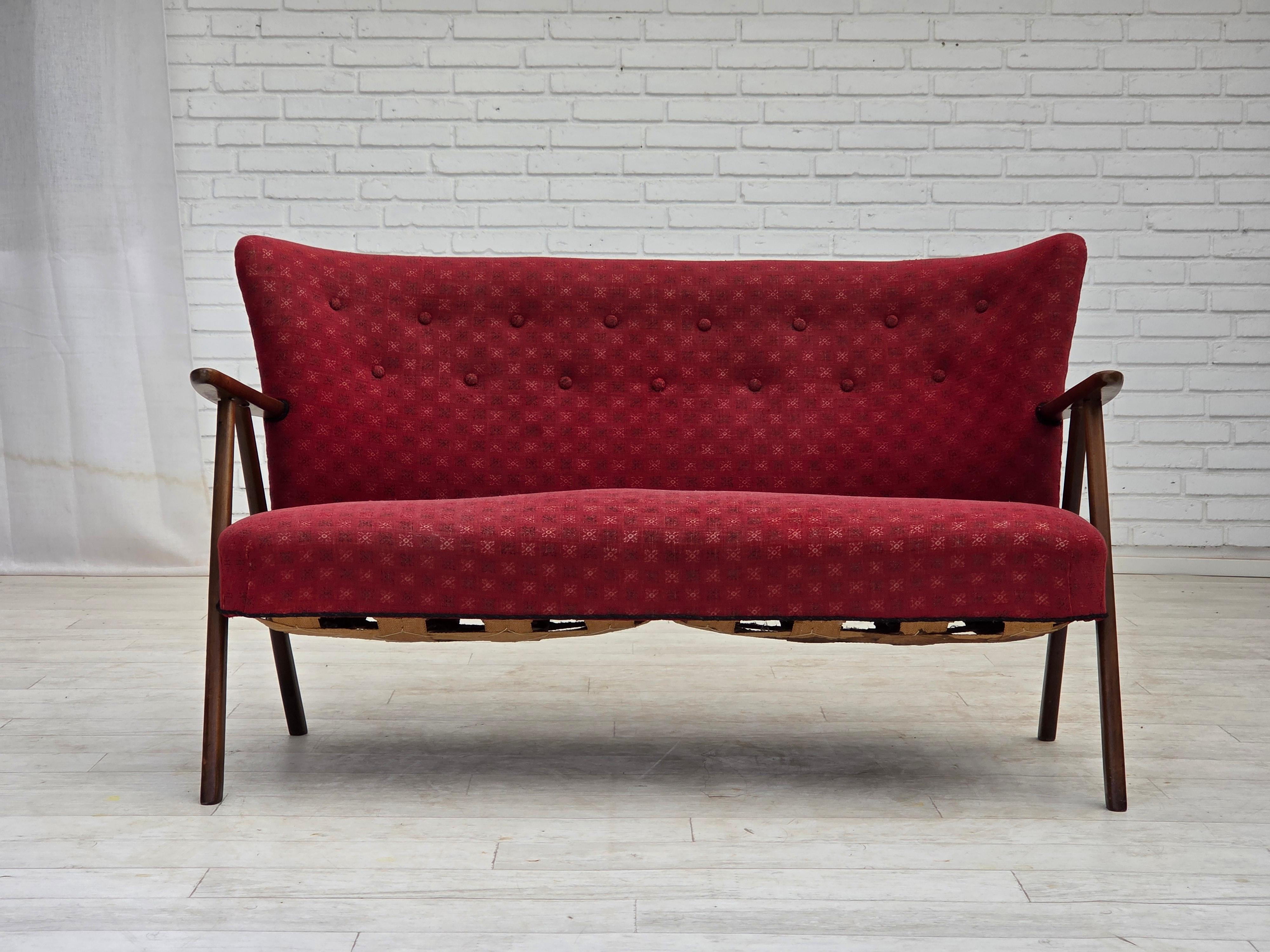 1960s, Danish 2-seater sofa. Original red furniture fabric. Original good condition: no smells, no stains and stable construction, springs in the seat, beech wood legs and armrests. Manufactured by Danish furniture maker in about 1965-70s. Original
