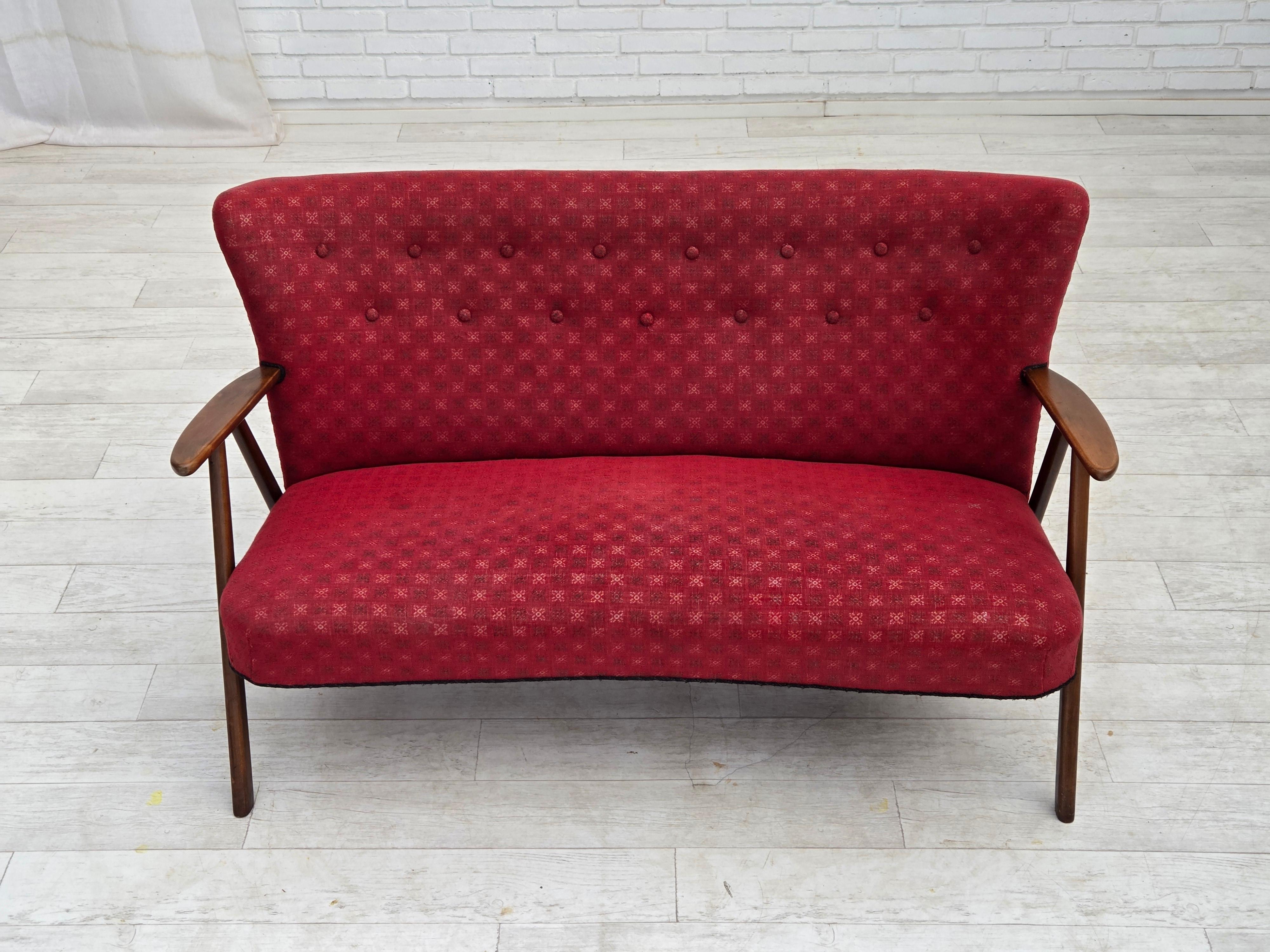 Scandinavian Modern 1960s, Danish 2-seater sofa, red furniture fabric, beech wood legs and armrests. For Sale