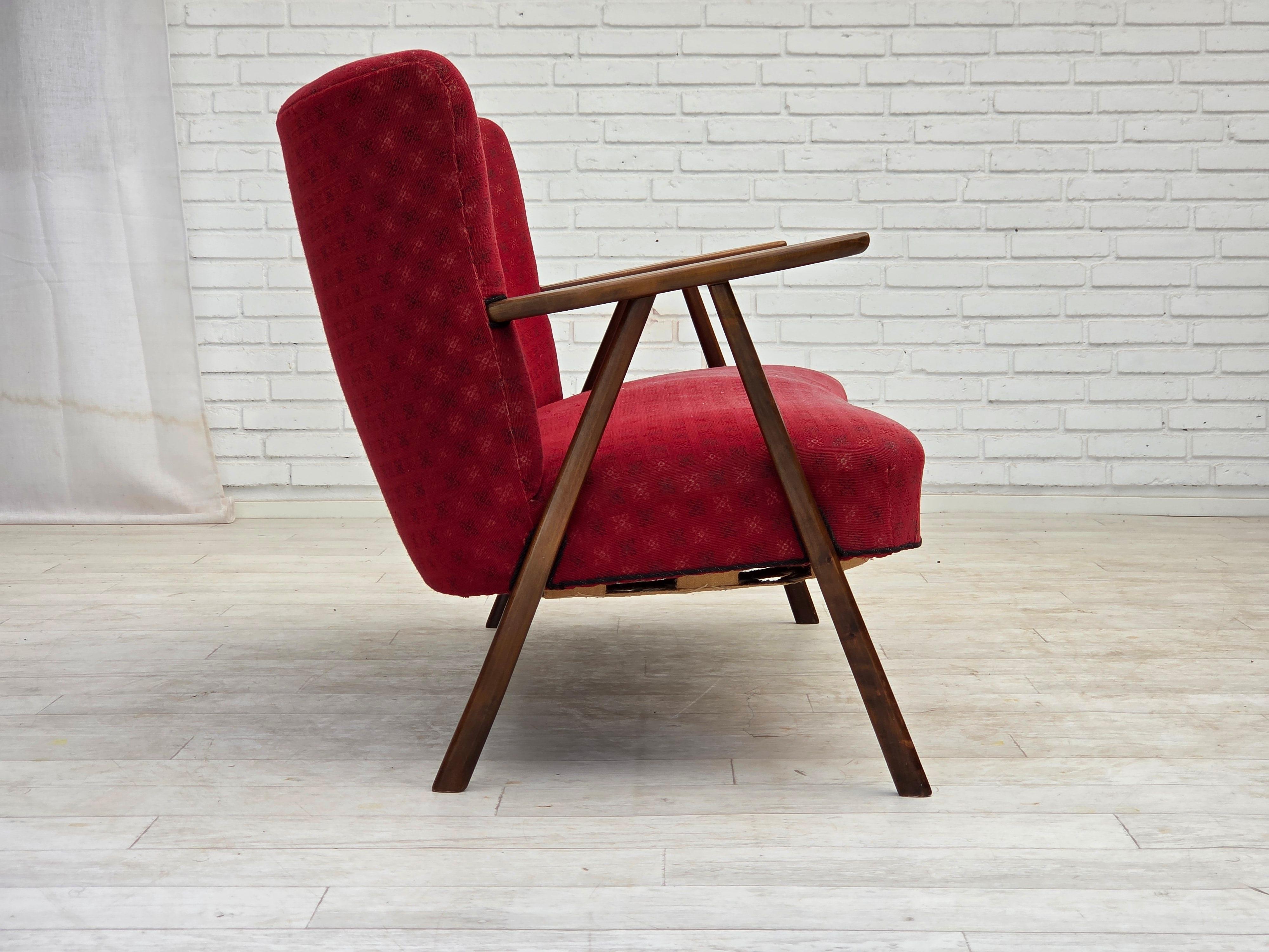 Mid-20th Century 1960s, Danish 2-seater sofa, red furniture fabric, beech wood legs and armrests. For Sale