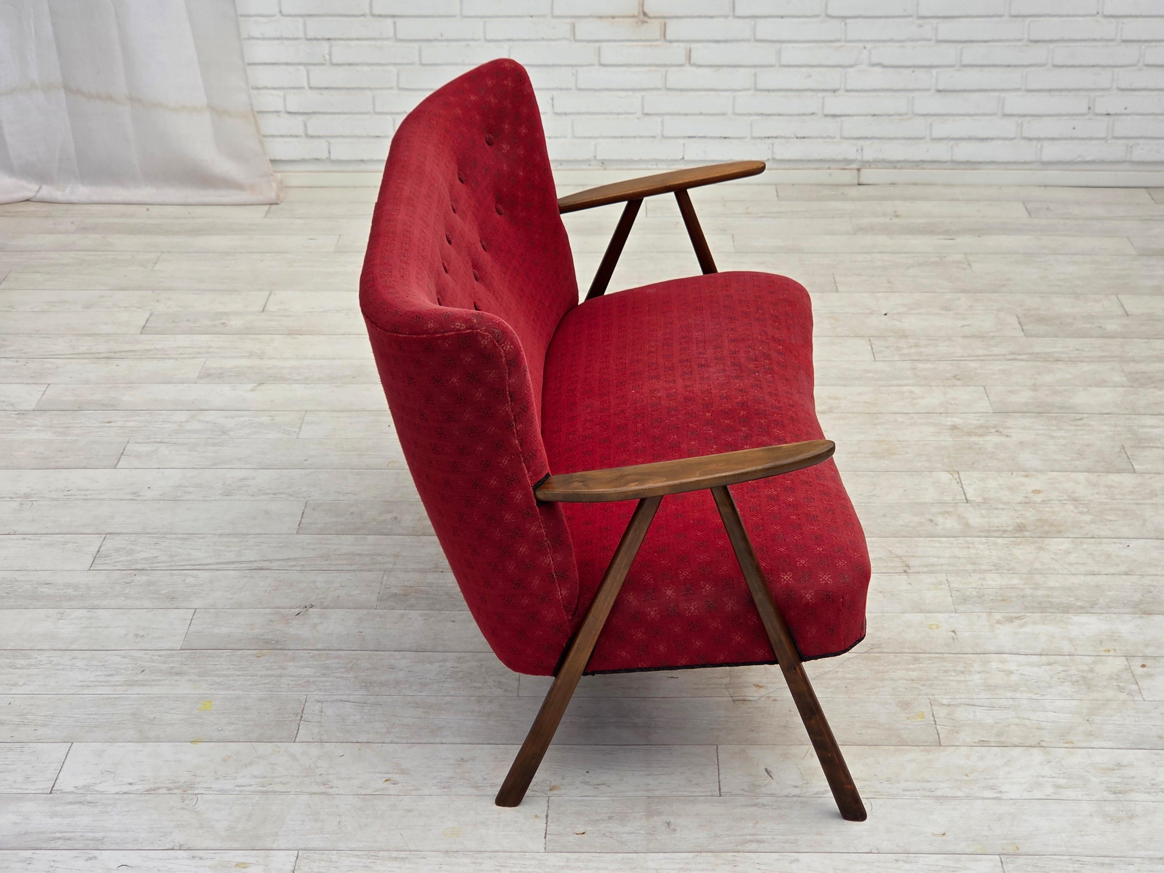 Wool 1960s, Danish 2-seater sofa, red furniture fabric, beech wood legs and armrests. For Sale