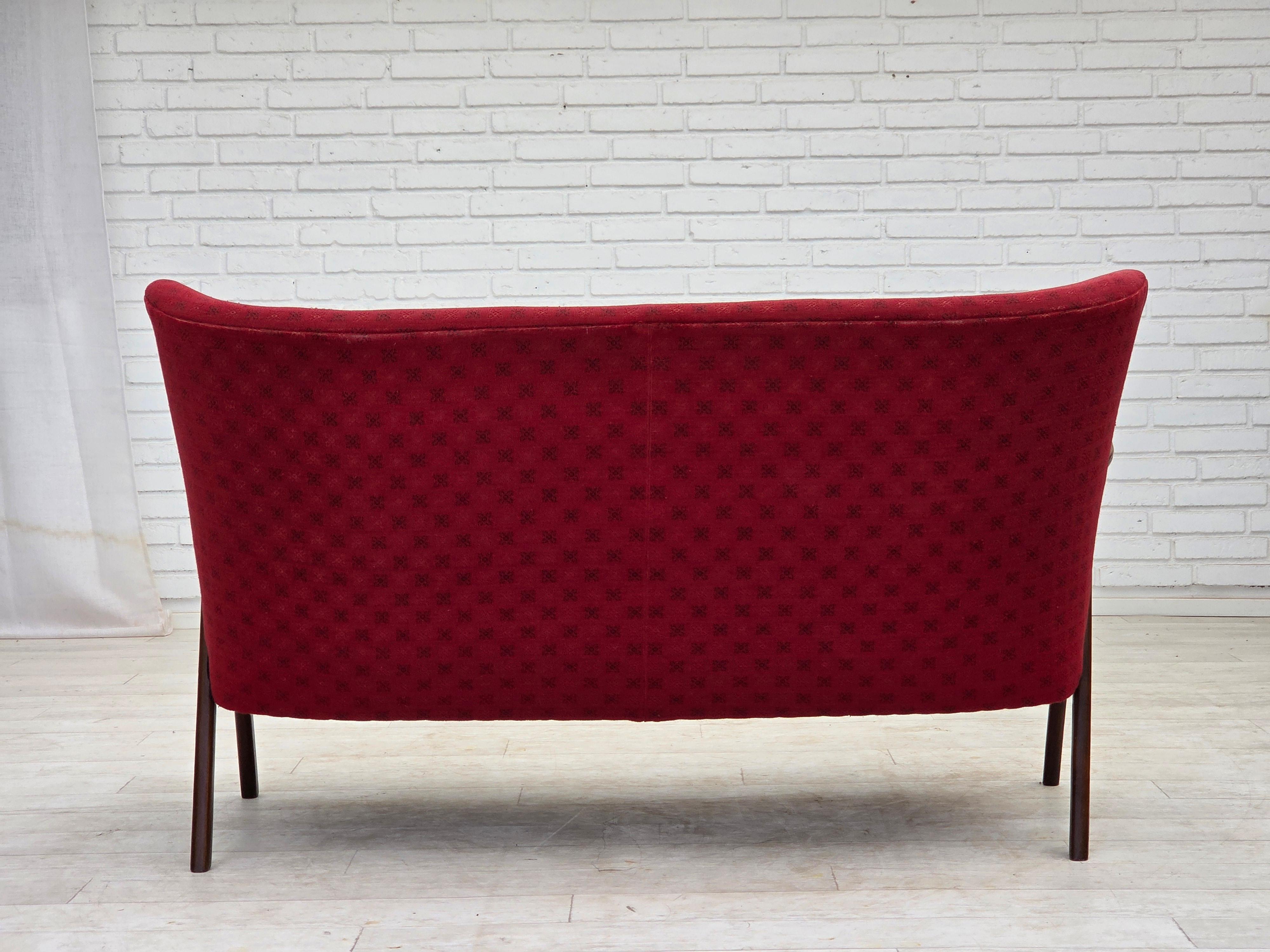1960s, Danish 2-seater sofa, red furniture fabric, beech wood legs and armrests. For Sale 2