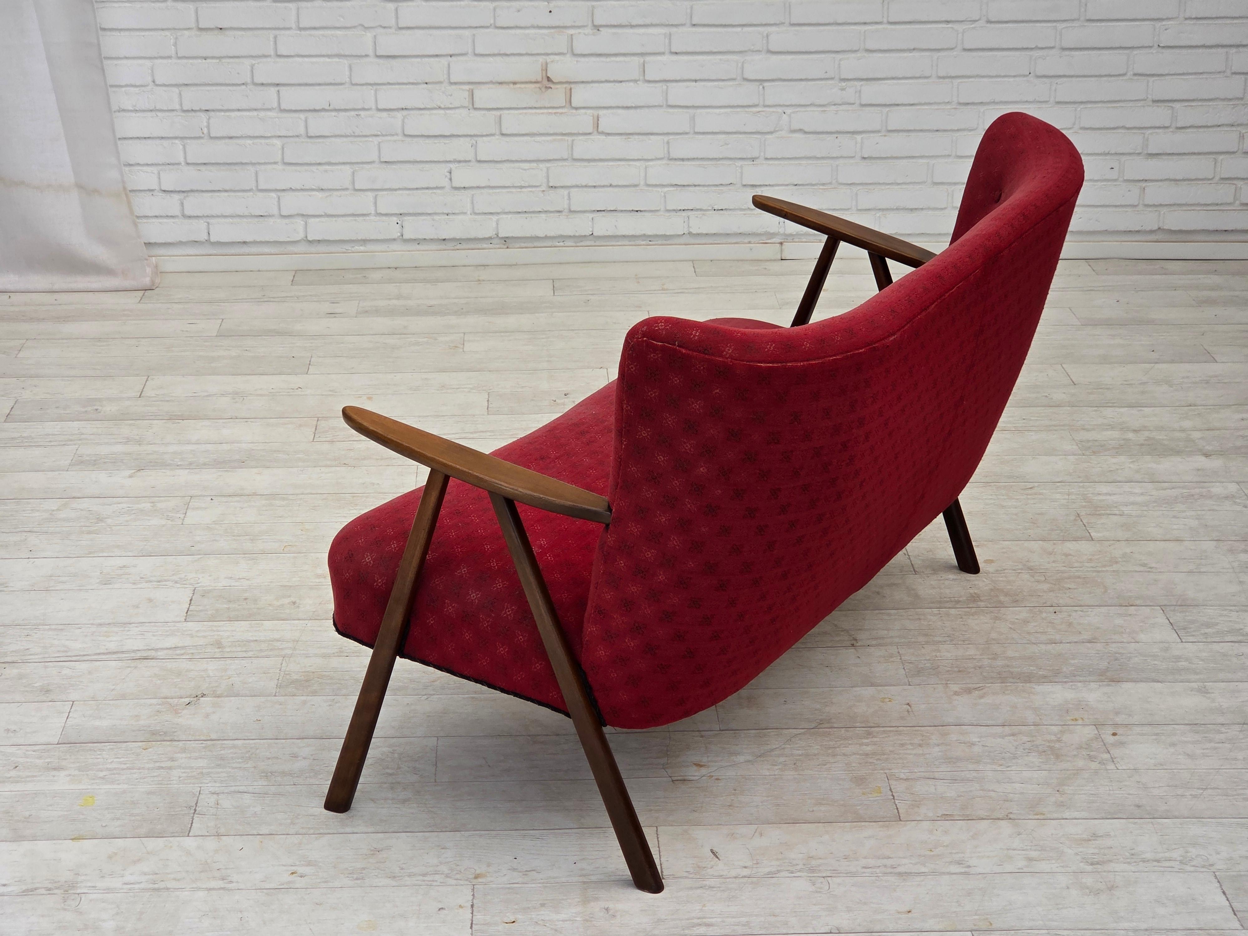 1960s, Danish 2-seater sofa, red furniture fabric, beech wood legs and armrests. For Sale 3