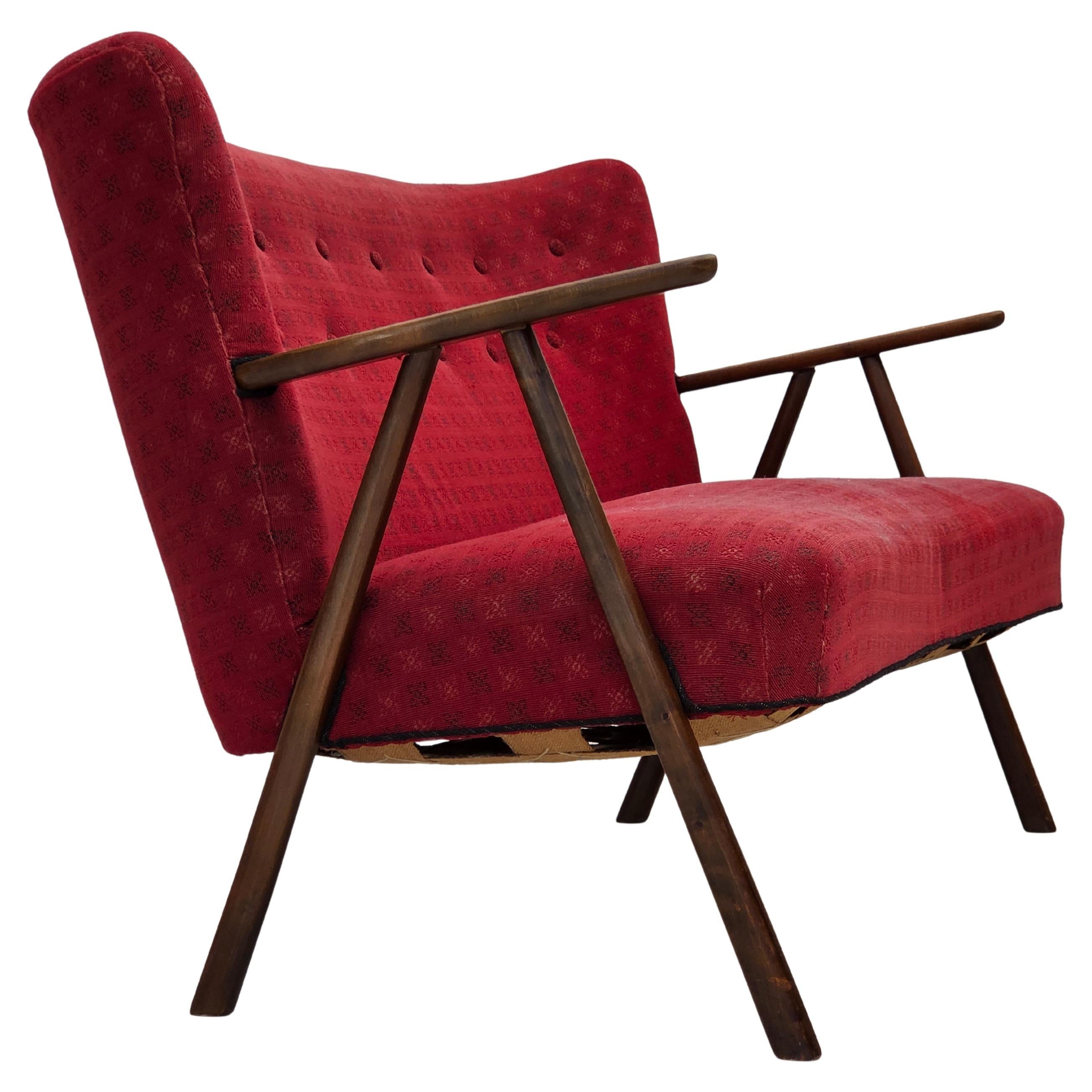 1960s, Danish 2-seater sofa, red furniture fabric, beech wood legs and armrests. For Sale