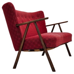 1960s, Danish 2-seater sofa, red furniture fabric, beech wood legs and armrests.