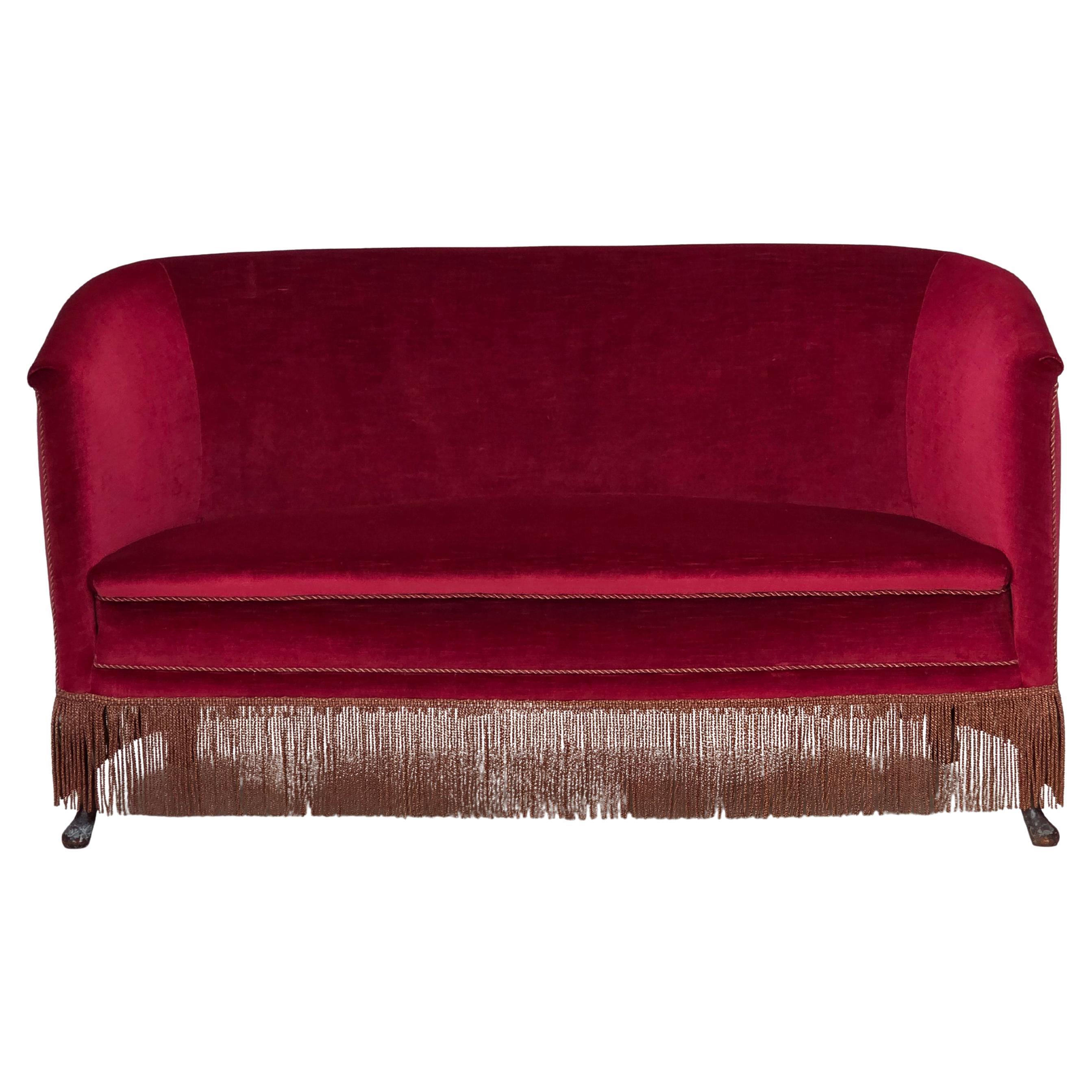 1960s, Danish 2-seater sofa, red furniture velour, ash wood legs.