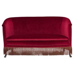 Vintage 1960s, Danish 2-seater sofa, red furniture velour, ash wood legs.