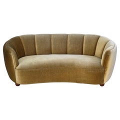 1960s, Danish 3-seater "Banan" sofa, light green furniture velour, oak wood.