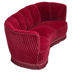 Vintage 1960s, Danish 3-seater "Banan" sofa, original cherry-red furniture velour.