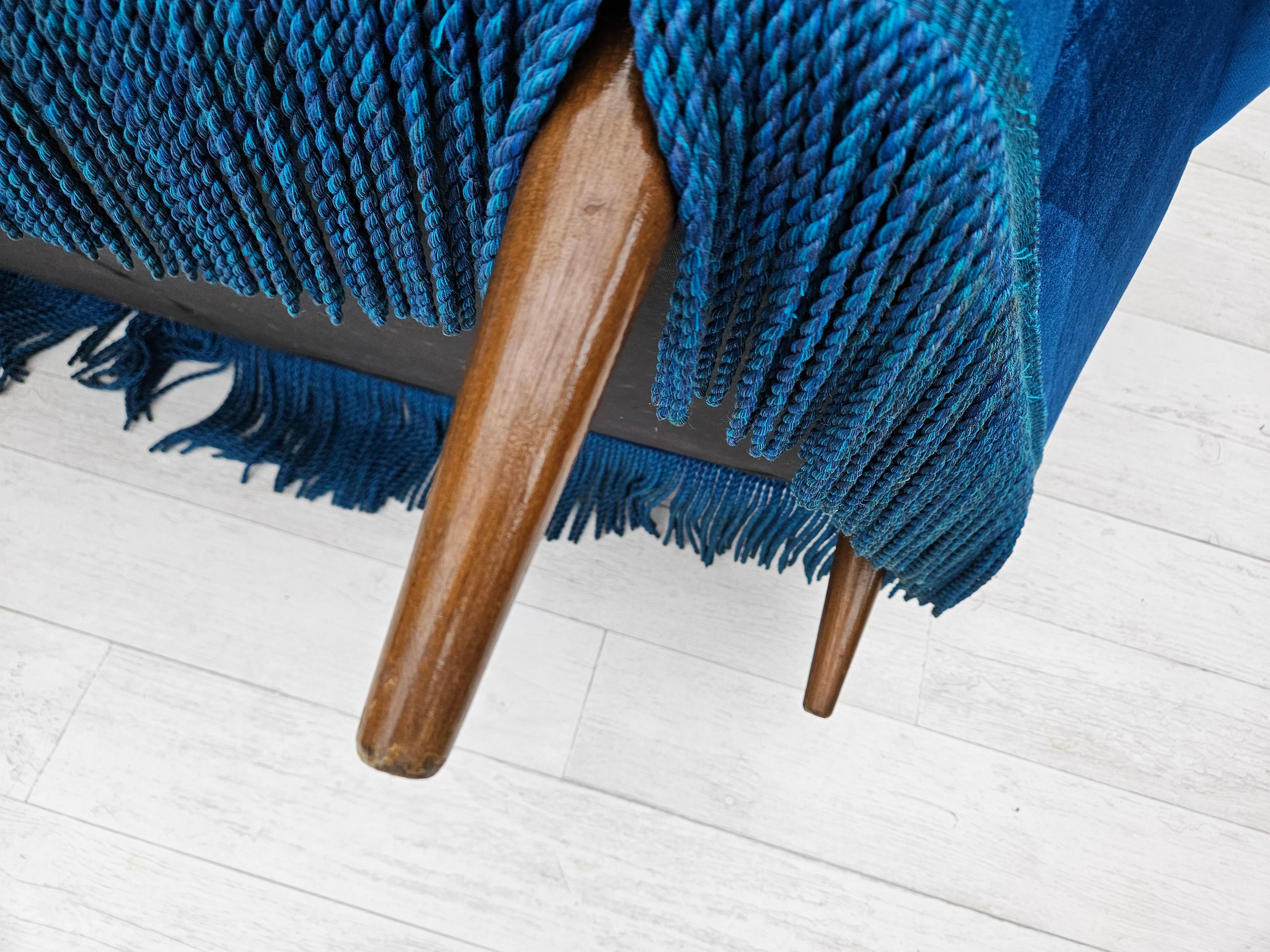 1960s, Danish 3-seater curved sofa, blue furniture velour, beech wood legs. For Sale 10