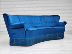 1960s, Danish 3-seater curved sofa, blue furniture velour, beech wood legs.