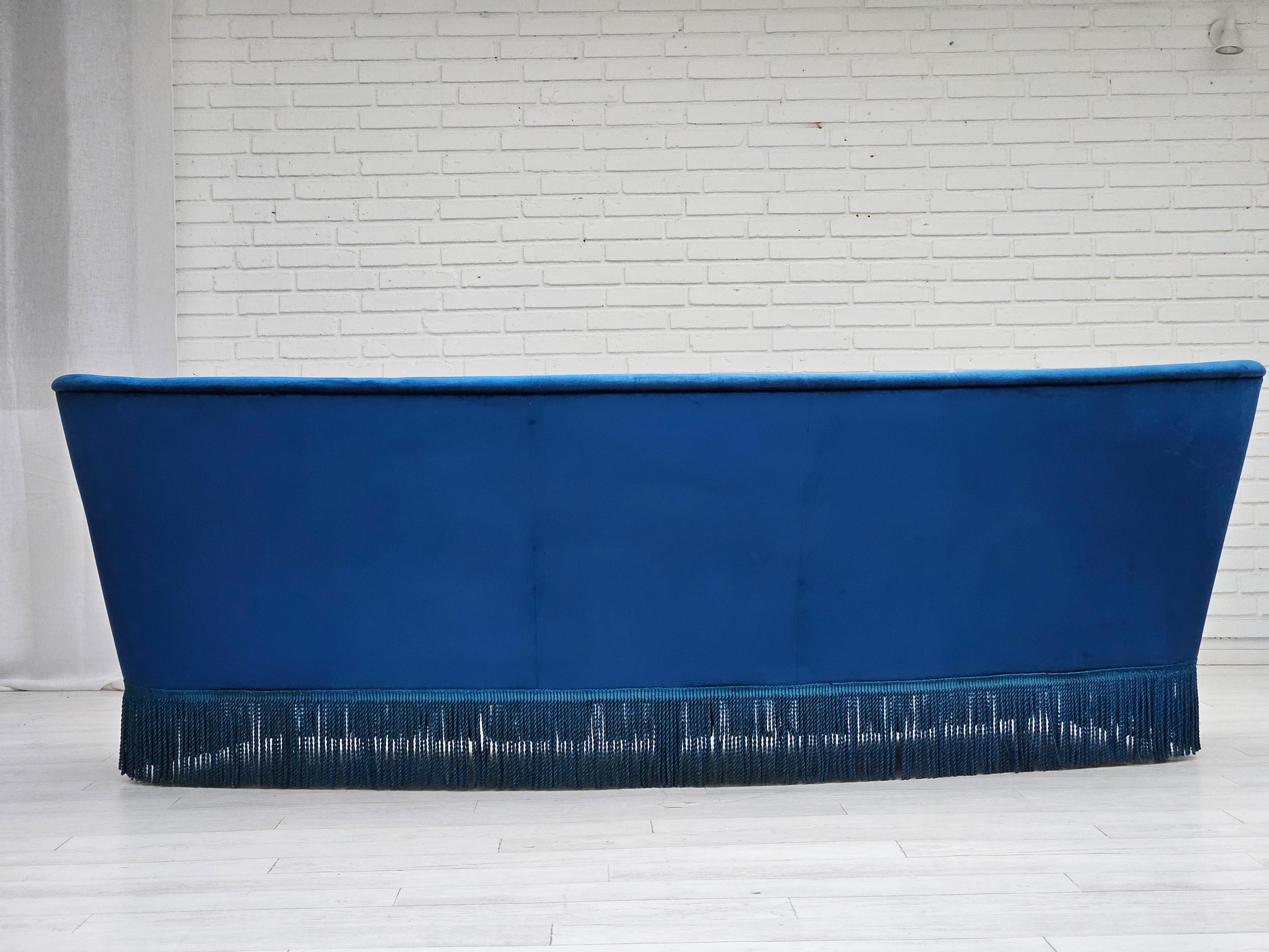 Mid-20th Century 1960s, Danish 3-seater curved sofa, blue furniture velour, beech wood legs. For Sale