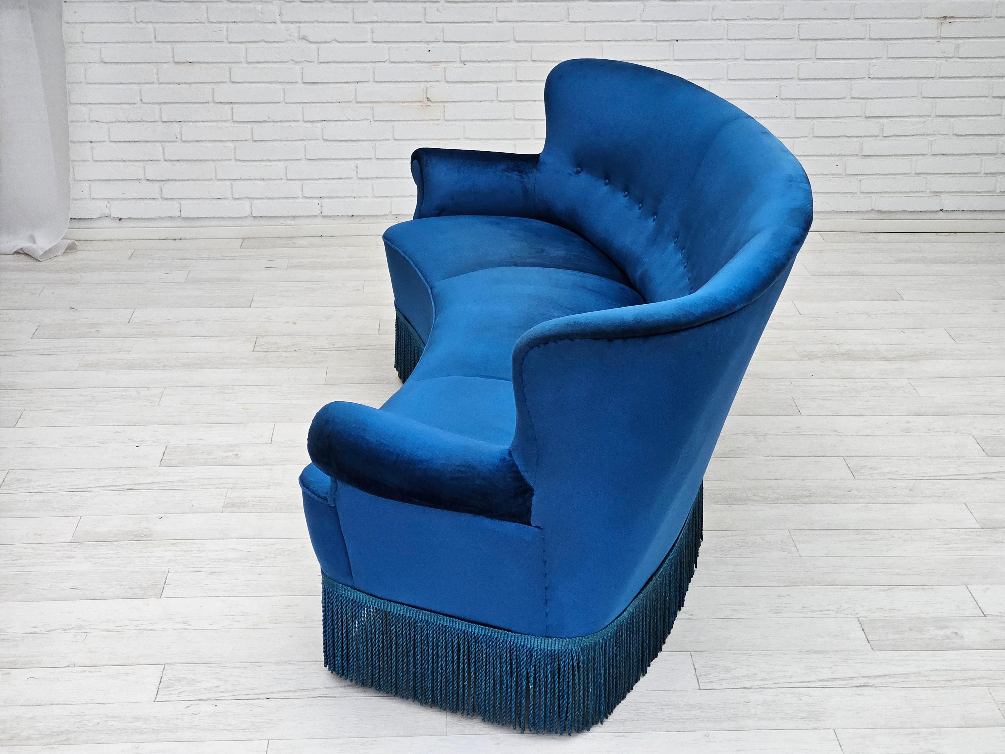 Velvet 1960s, Danish 3-seater curved sofa, blue furniture velour, beech wood legs. For Sale