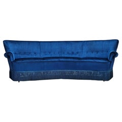 1960s, Danish 3-seater curved sofa, blue furniture velour, beech wood legs.