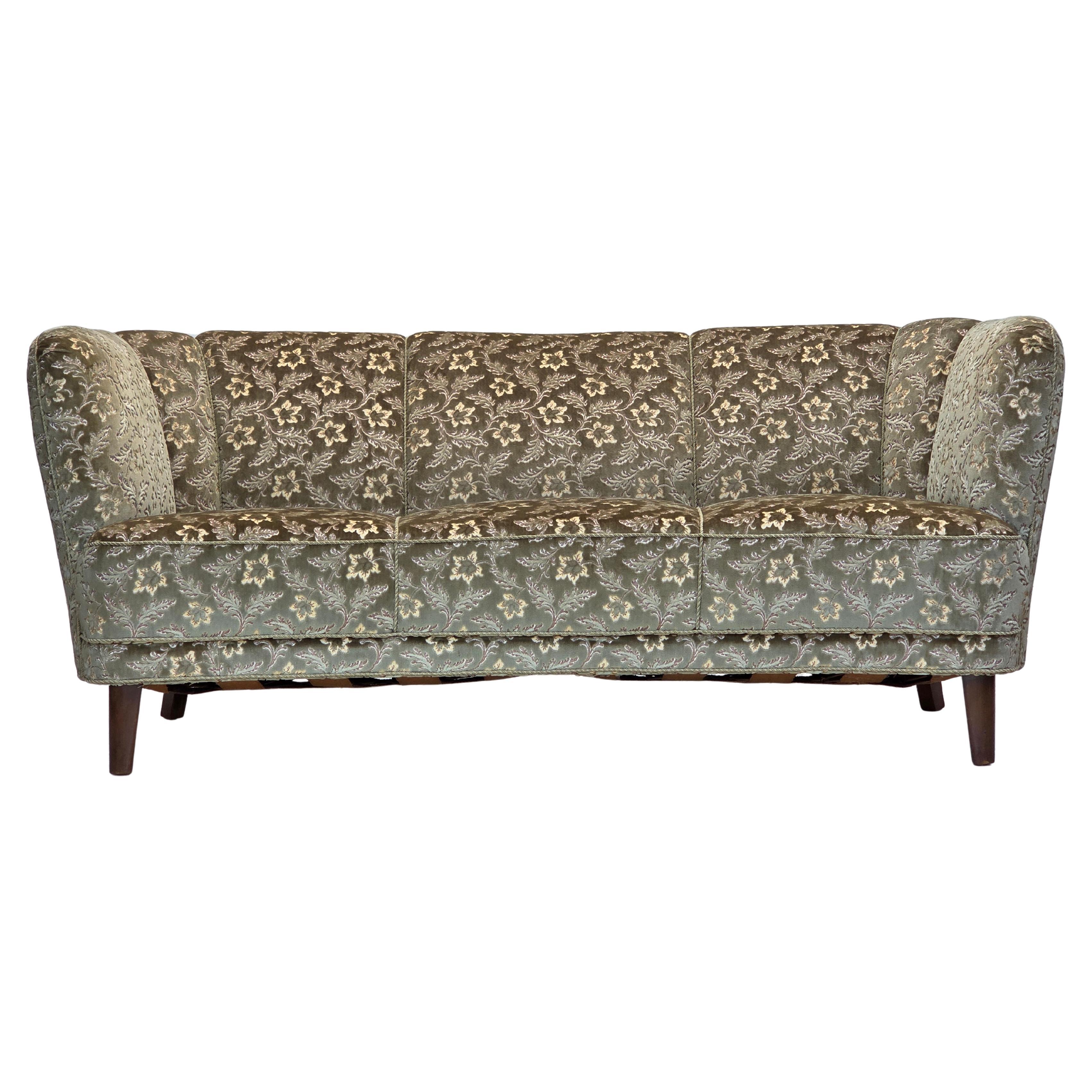 1960s, Danish 3-seater curved sofa, green furniture velour, beech wood legs.