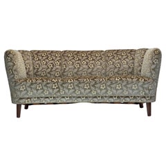 Vintage 1960s, Danish 3-seater curved sofa, green furniture velour, beech wood legs.