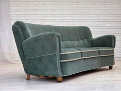 1960s, Danish 3-seater curved sofa, light green furniture fabric.