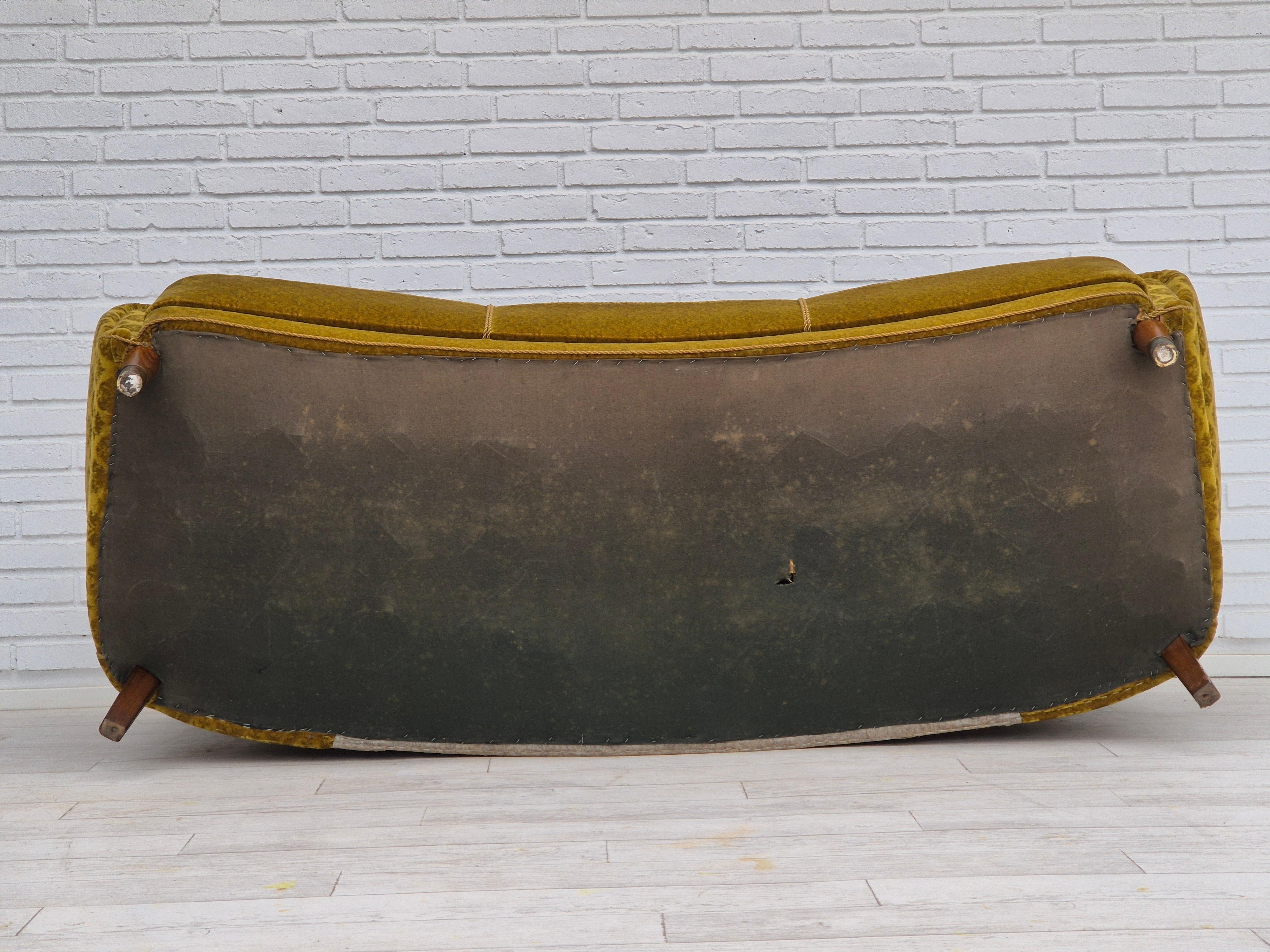 1960s, Danish 3 seater curved sofa, original condition, furniture velour, beech. For Sale 7