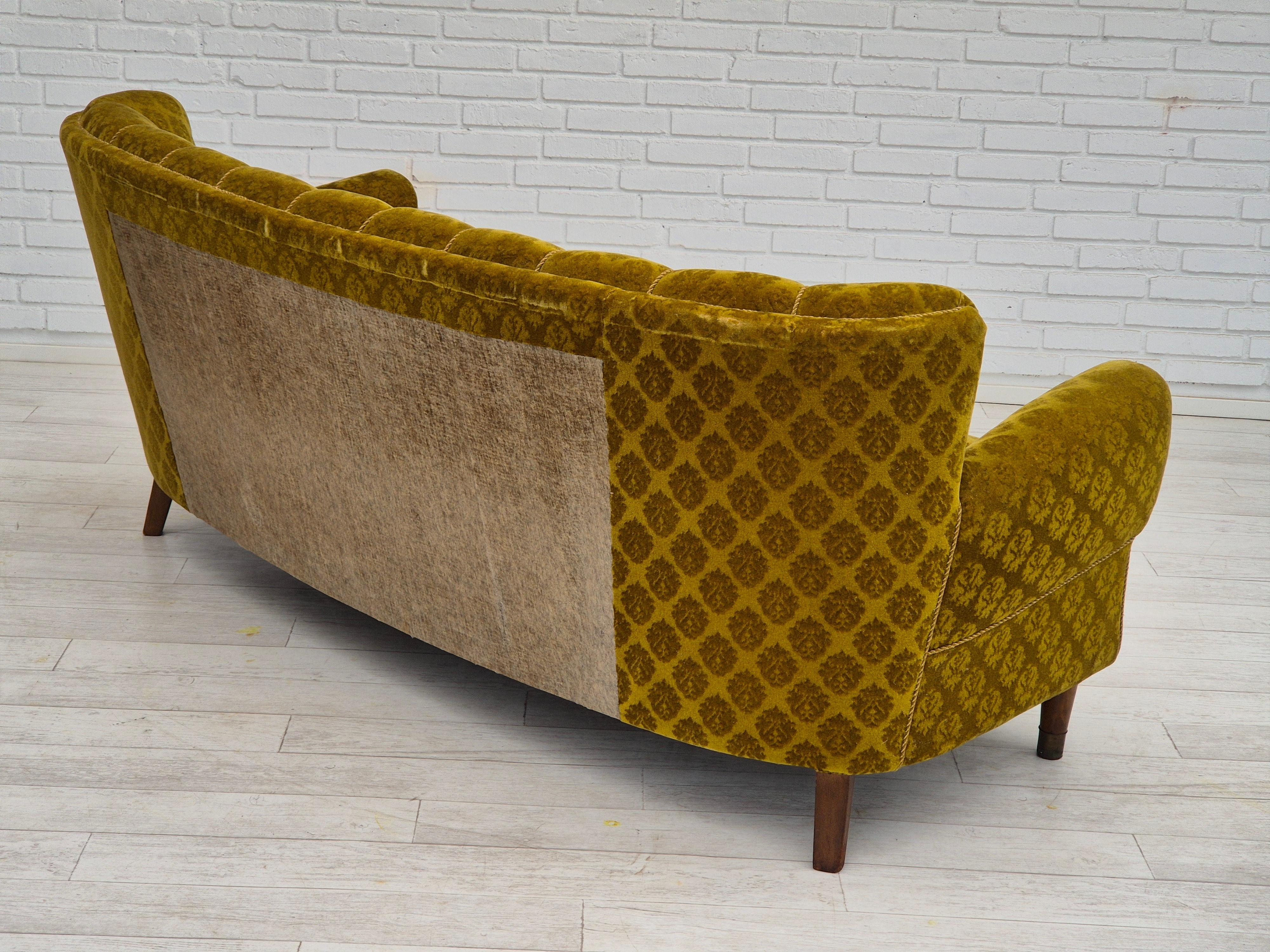 Mid-20th Century 1960s, Danish 3 seater curved sofa, original condition, furniture velour, beech. For Sale