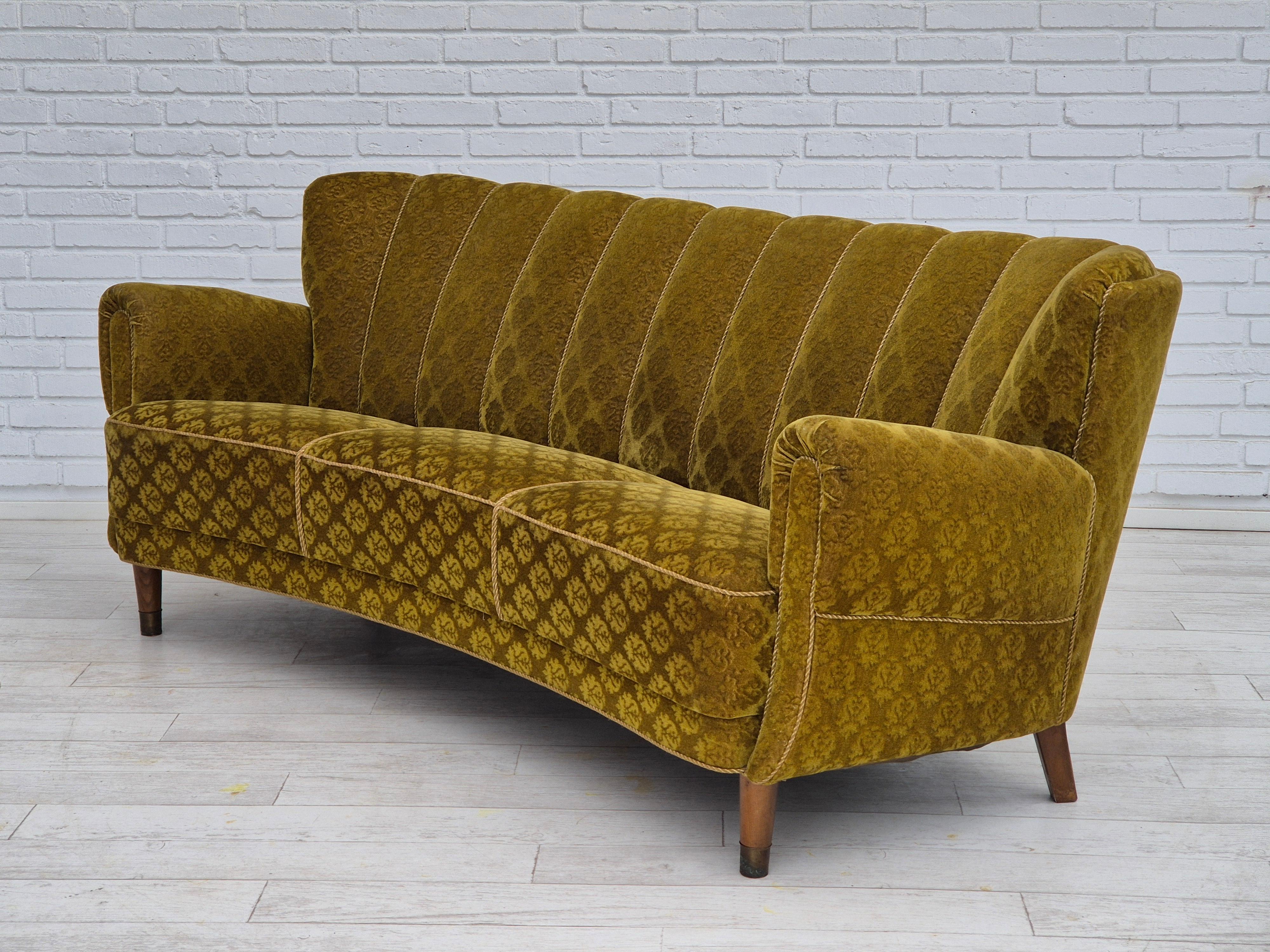 1960s, Danish 3 seater curved sofa, original condition, furniture velour, beech. For Sale 1