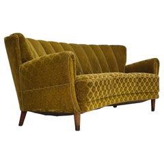 Retro 1960s, Danish 3 seater curved sofa, original condition, furniture velour, beech.