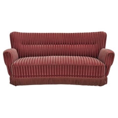 Vintage 1960s, Danish 3-seater curved sofa, pink-salmon furniture velour, original.