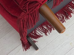 1960s, Danish 3-seater curved sofa, red furniture velour.