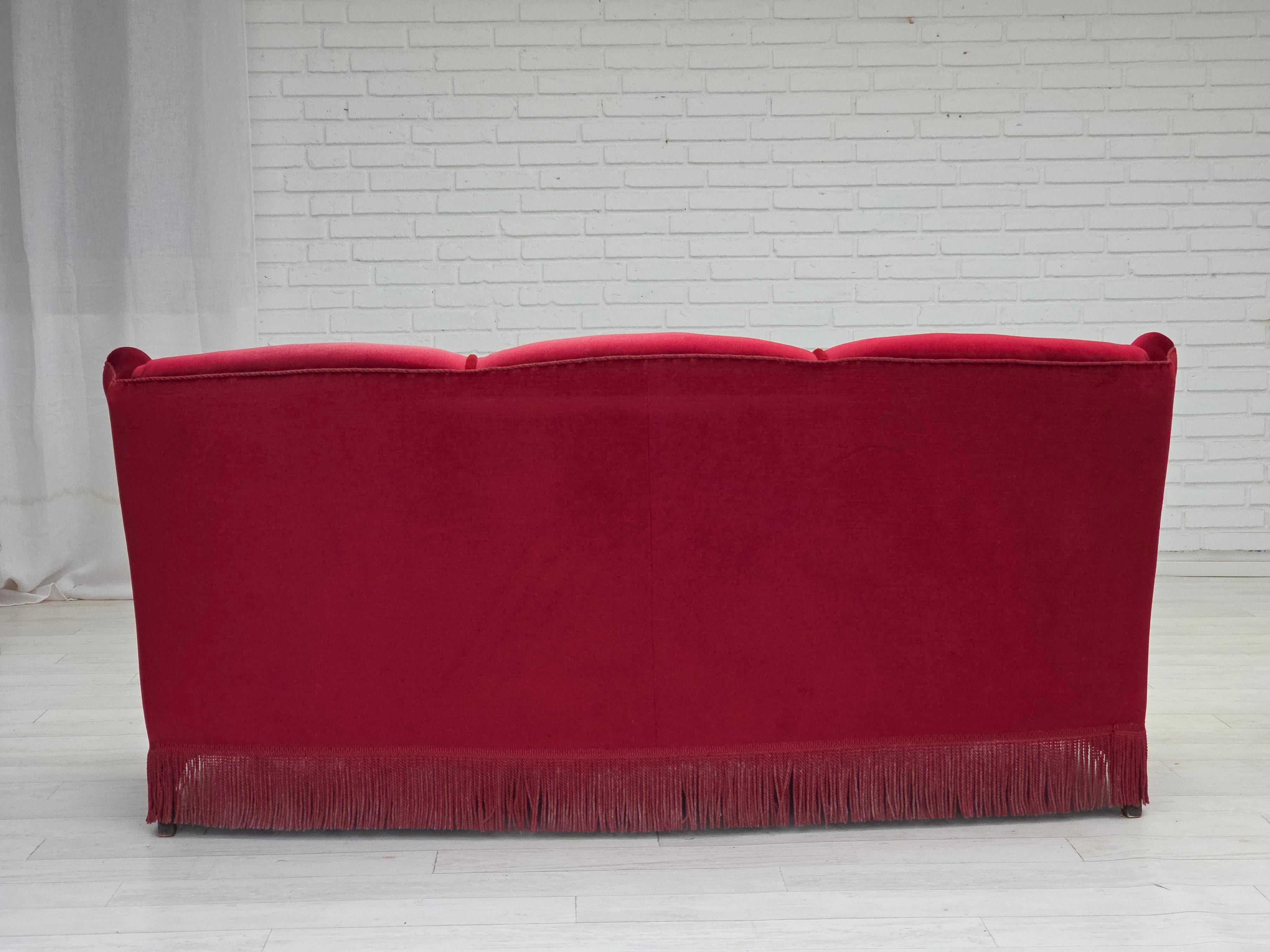 Velvet 1960s, Danish 3-seater curved sofa, red furniture velour. For Sale