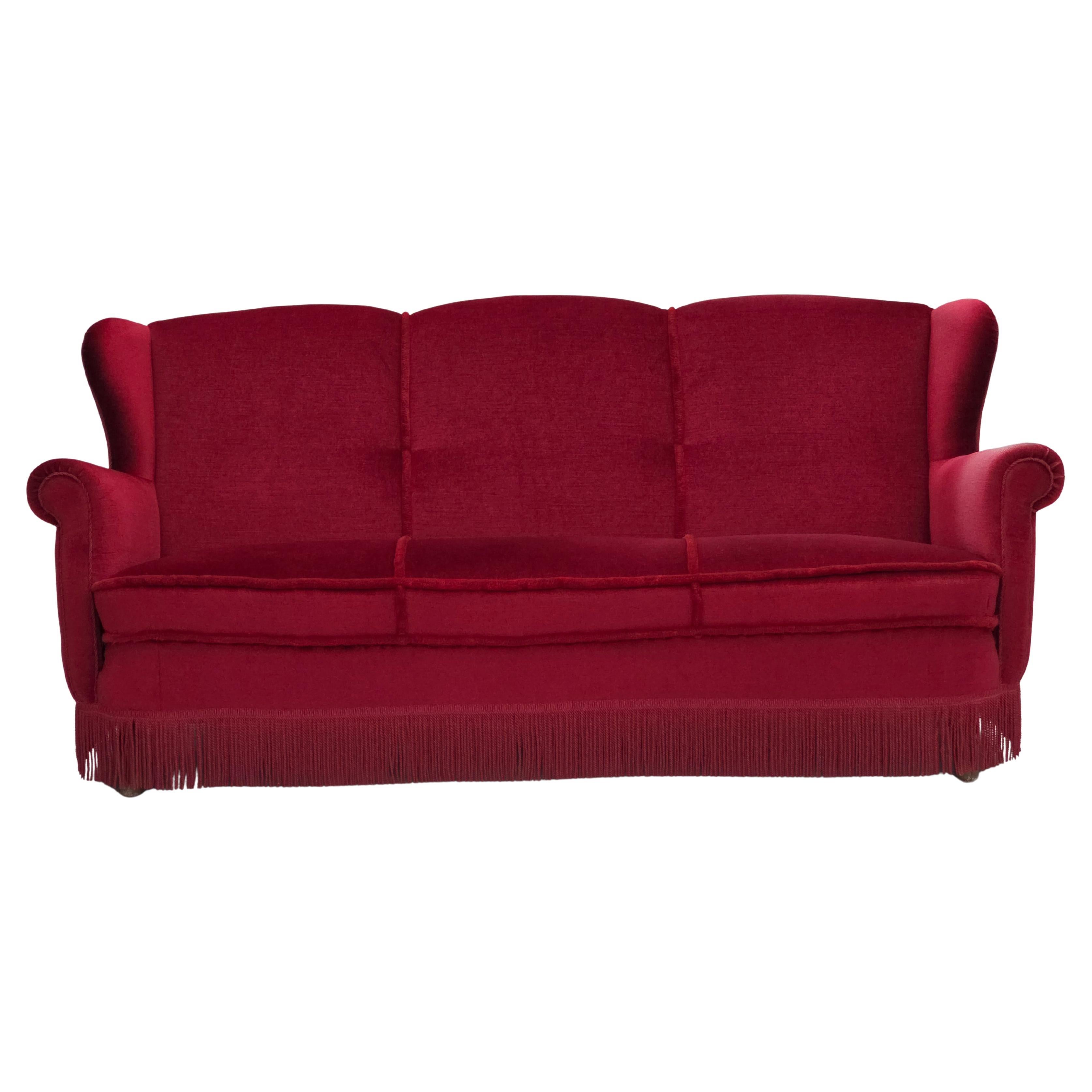 1960s, Danish 3-seater curved sofa, red furniture velour. For Sale