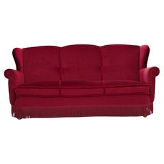 1960s, Danish 3-seater curved sofa, red furniture velour.