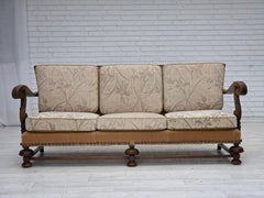 1960s, Danish 3-seater sofa, beige/brown furniture fabric, carved oak wood.
