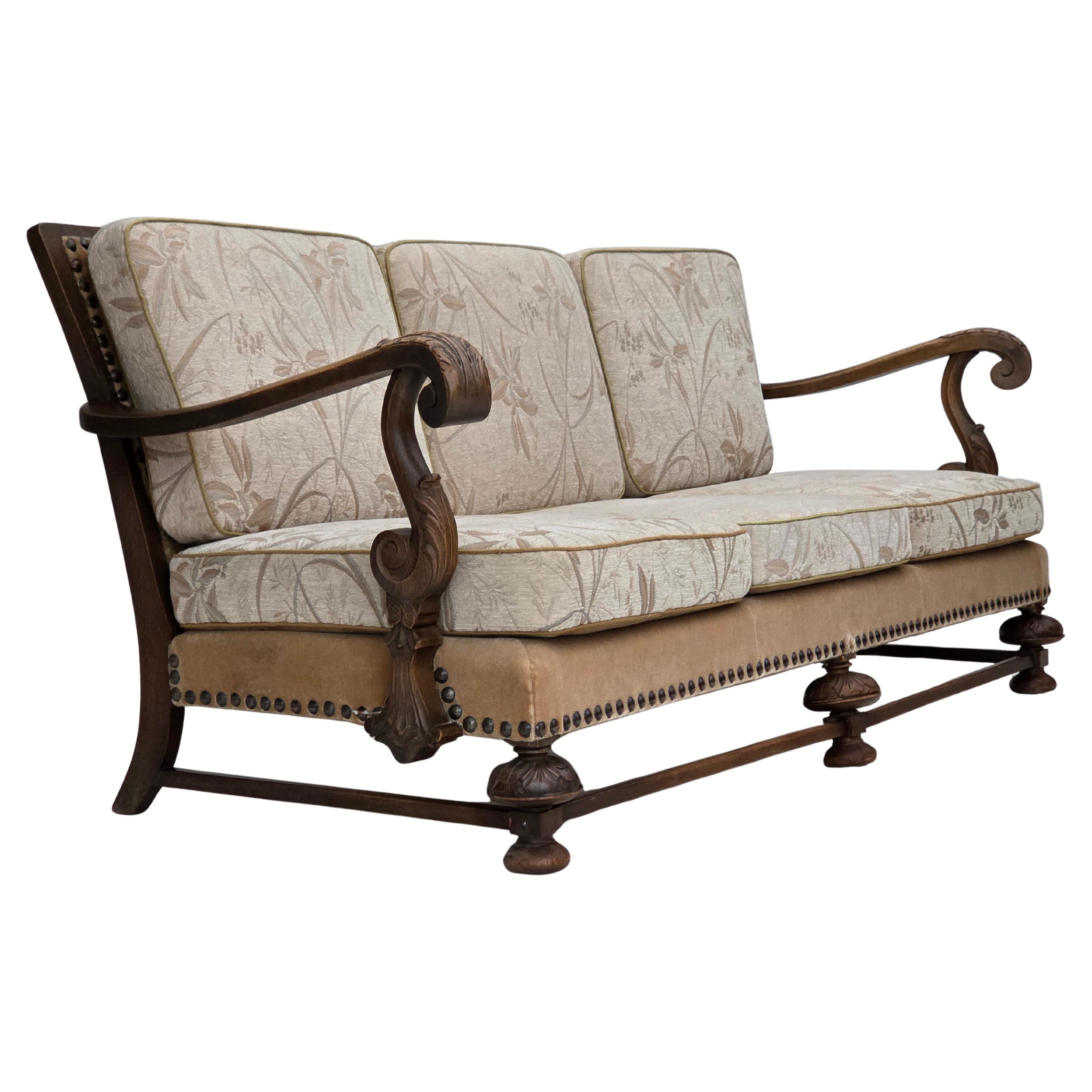 1960s, Danish 3-seater sofa, beige/brown furniture fabric, carved oak wood. For Sale