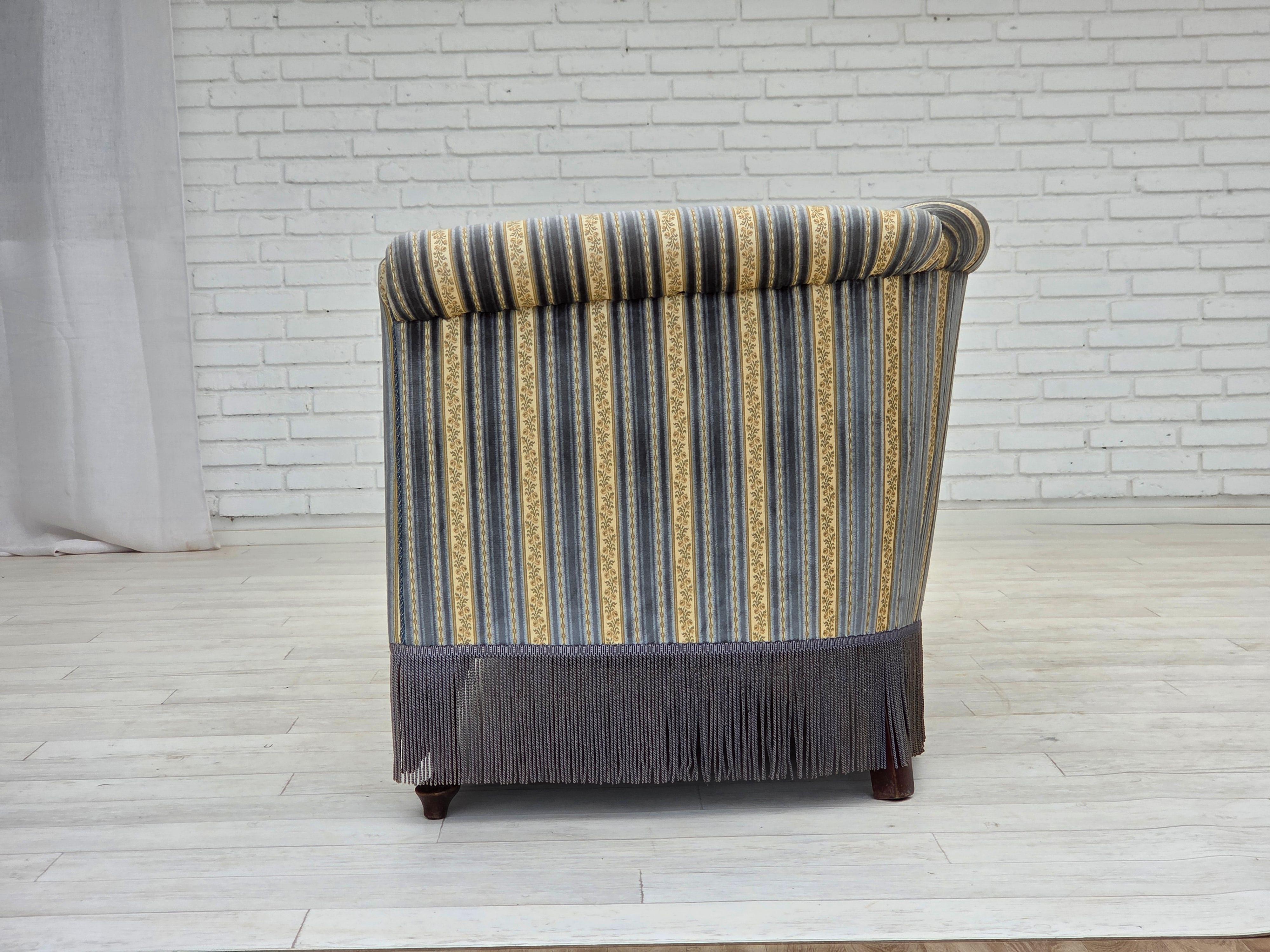 1960s, Danish 3-seater sofa, blue/beige furniture velour, beech wood legs. For Sale 4