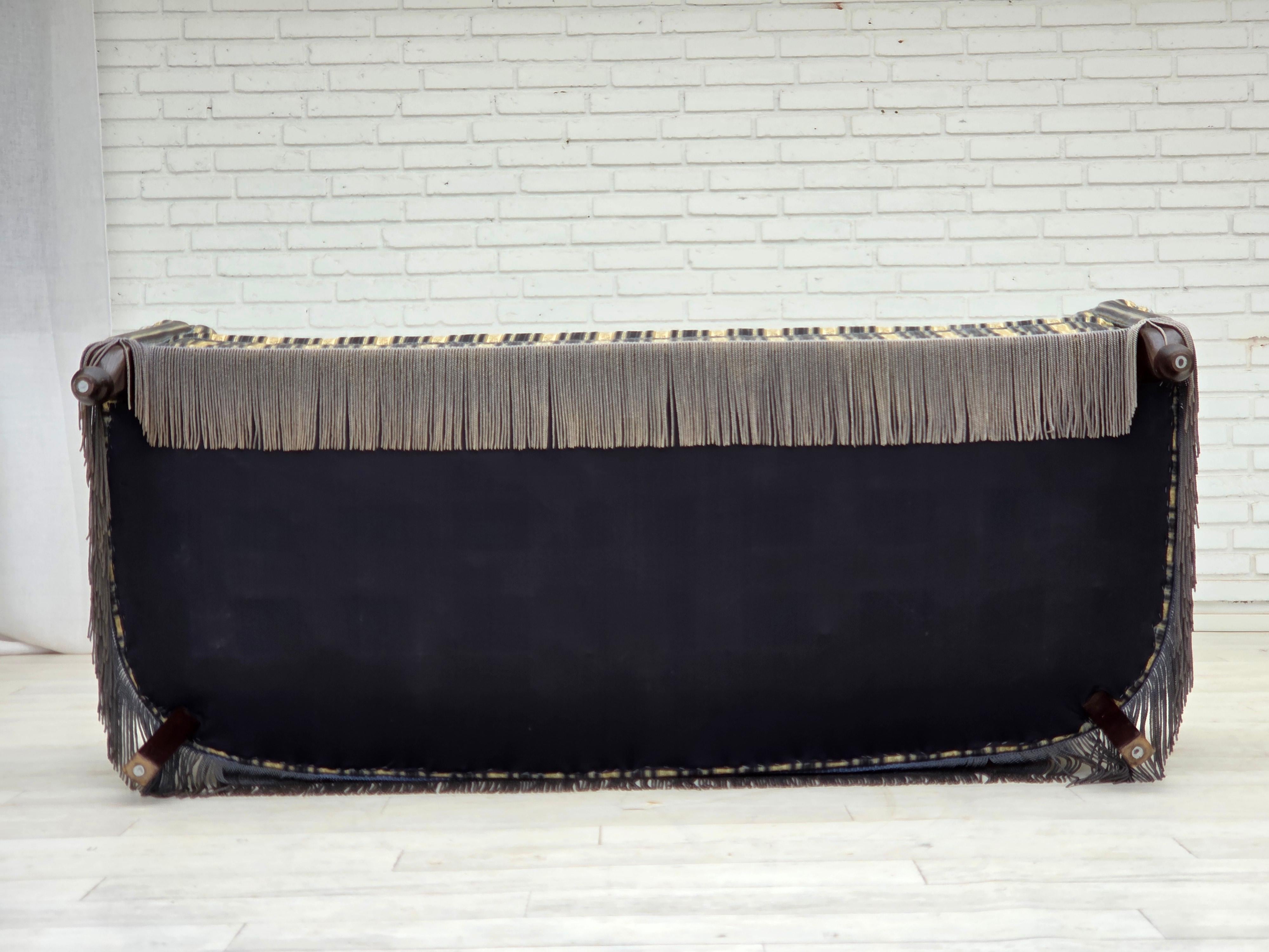 1960s, Danish 3-seater sofa, blue/beige furniture velour, beech wood legs. For Sale 5