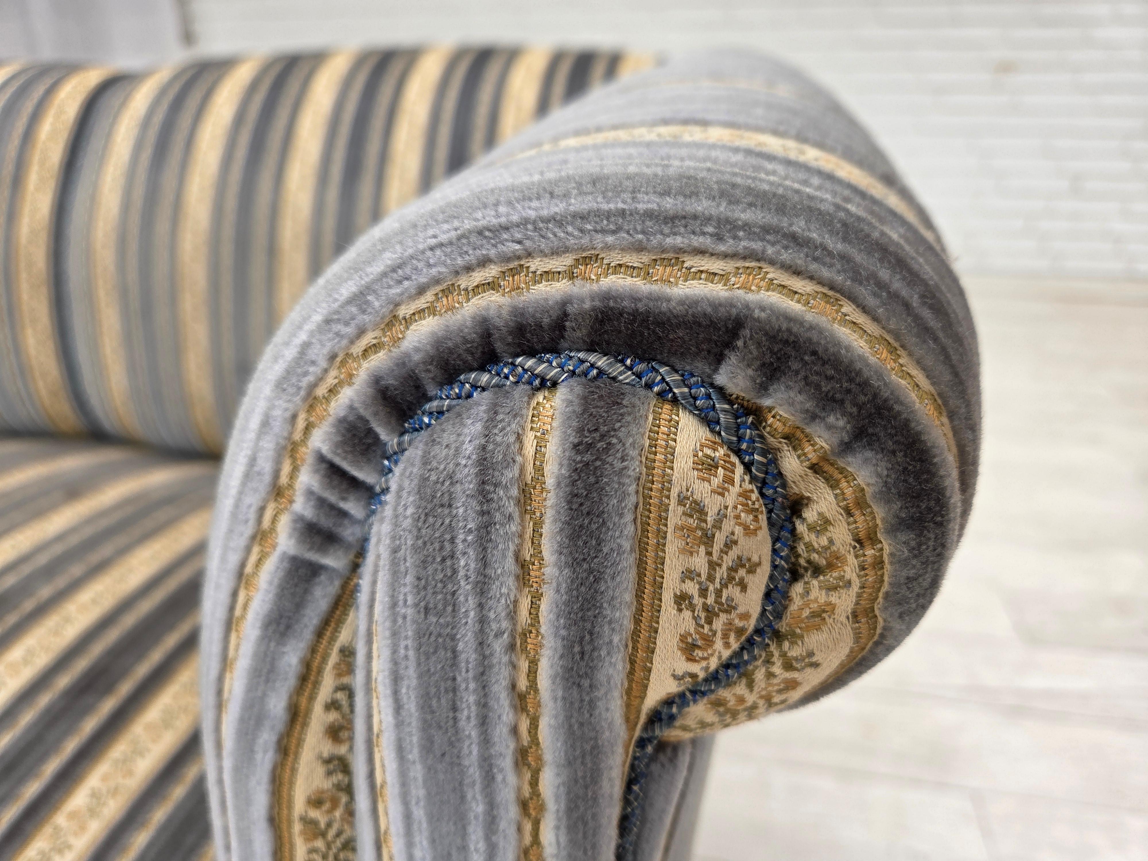 1960s, Danish 3-seater sofa, blue/beige furniture velour, beech wood legs. For Sale 7