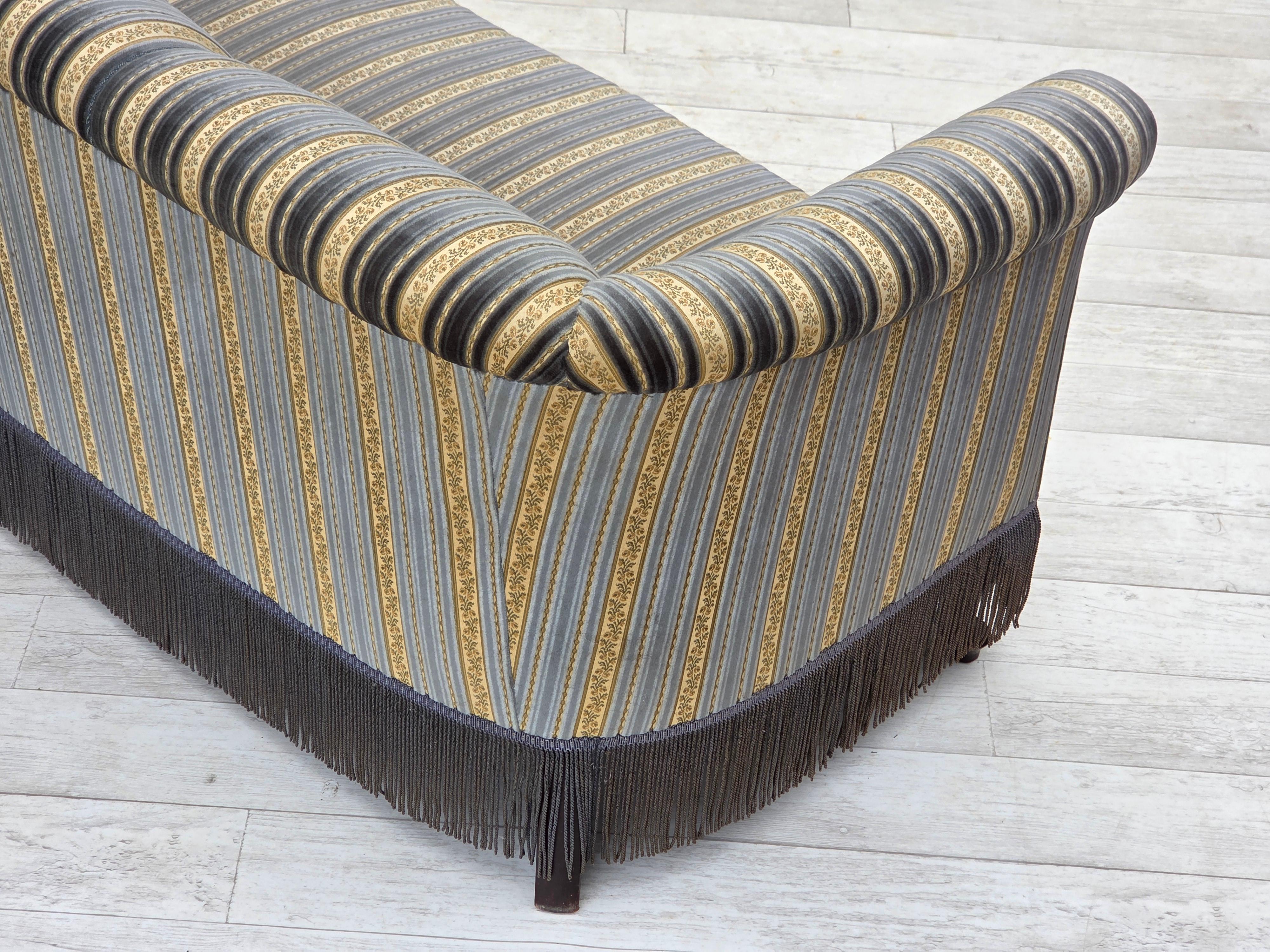 1960s, Danish 3-seater sofa, blue/beige furniture velour, beech wood legs. For Sale 10