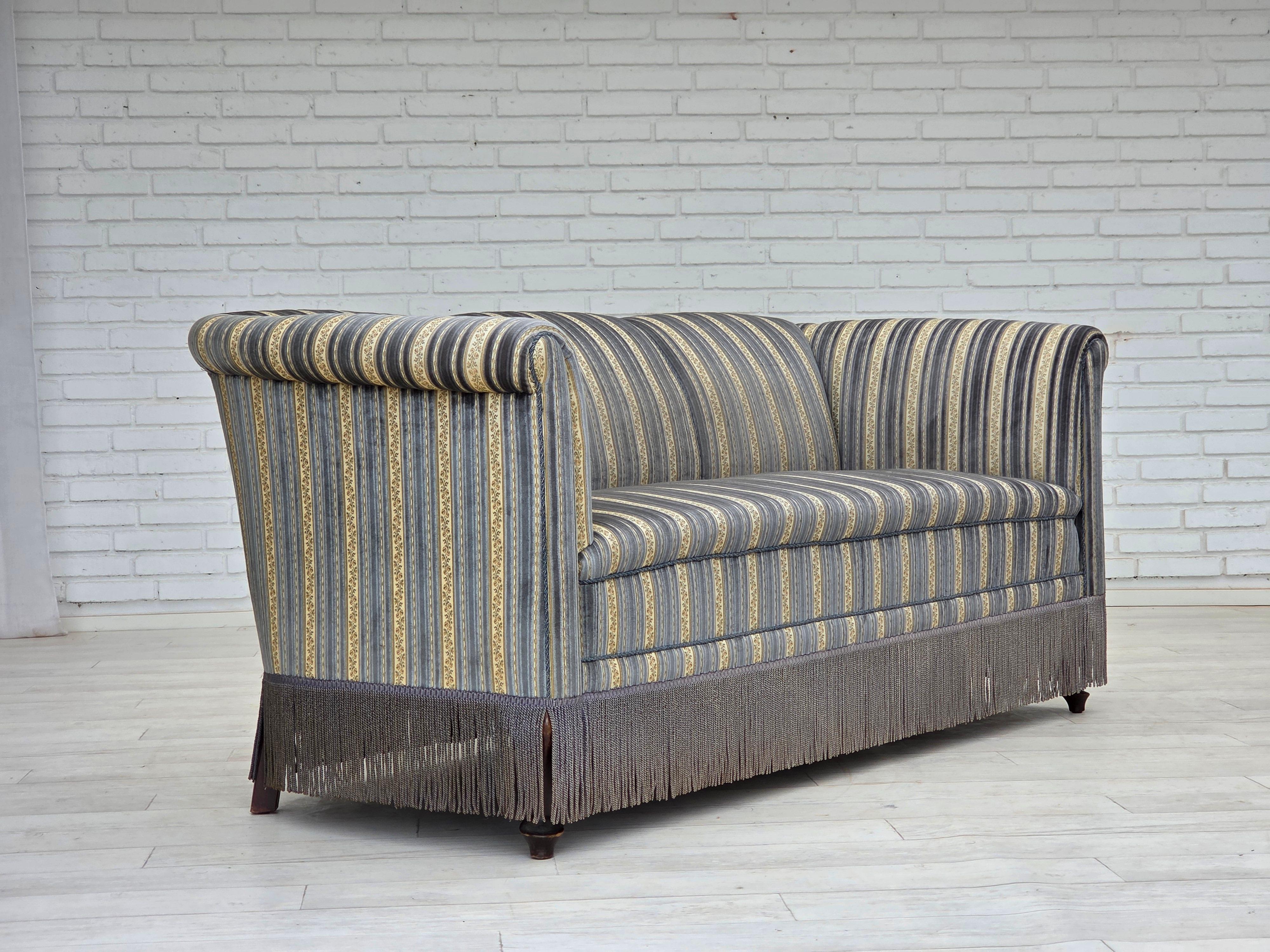 Scandinavian Modern 1960s, Danish 3-seater sofa, blue/beige furniture velour, beech wood legs. For Sale