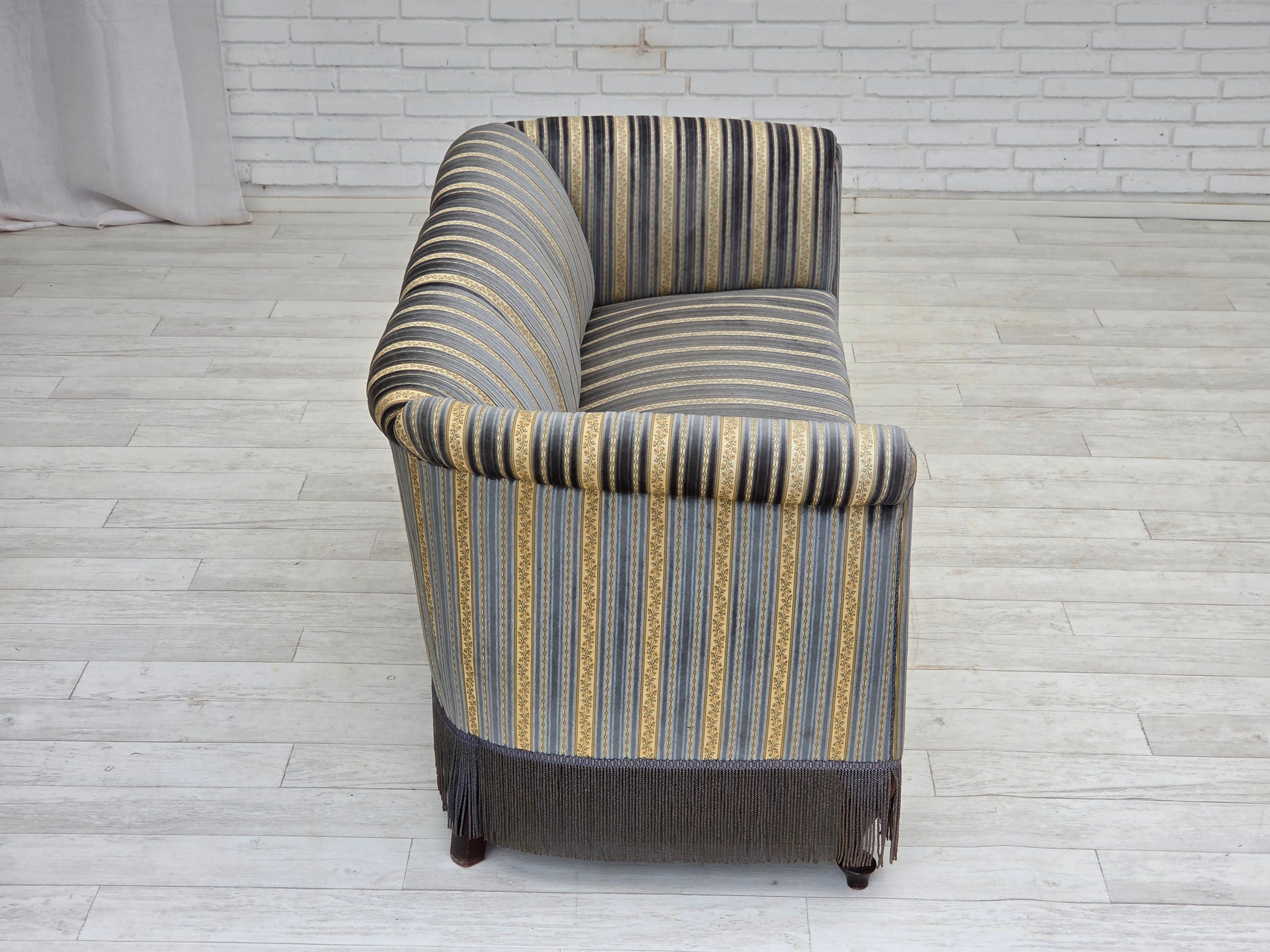 1960s, Danish 3-seater sofa, blue/beige furniture velour, beech wood legs. In Good Condition For Sale In Tarm, 82