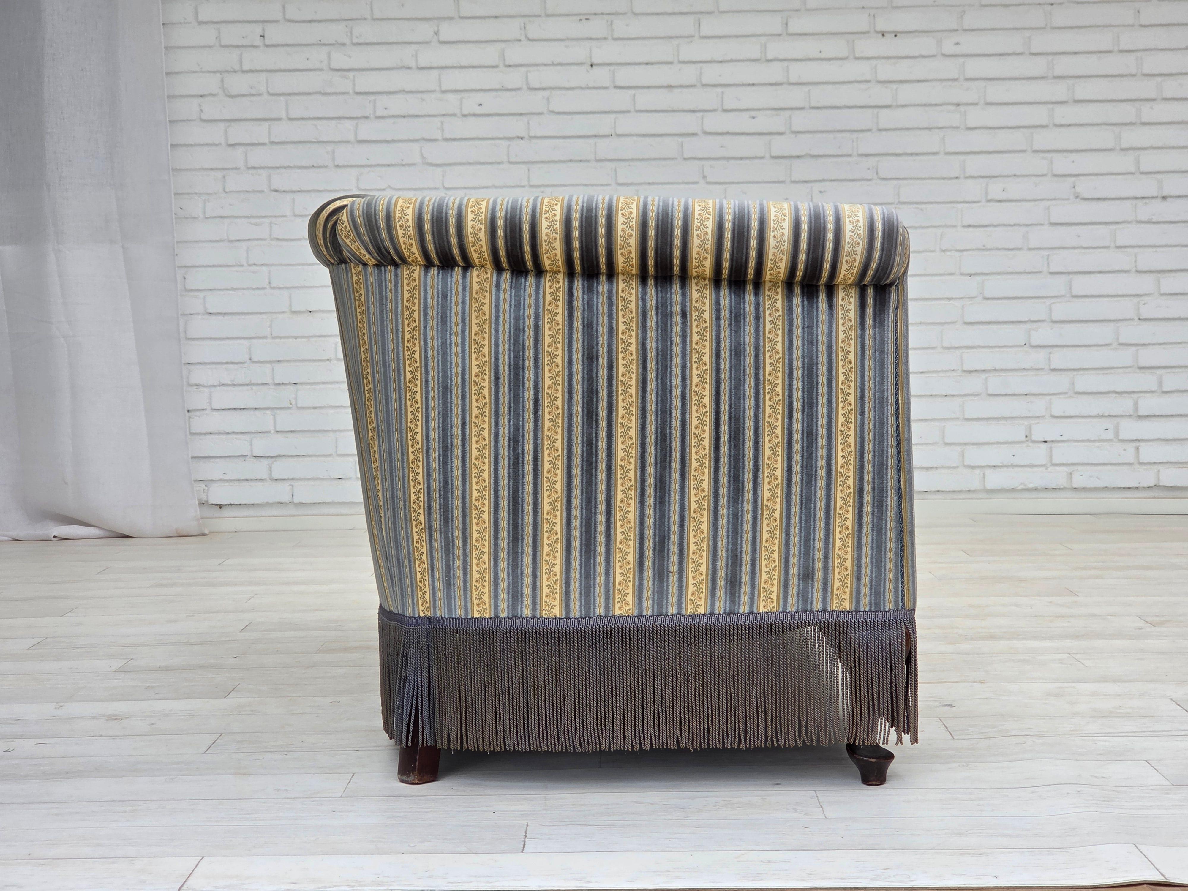 Mid-20th Century 1960s, Danish 3-seater sofa, blue/beige furniture velour, beech wood legs. For Sale