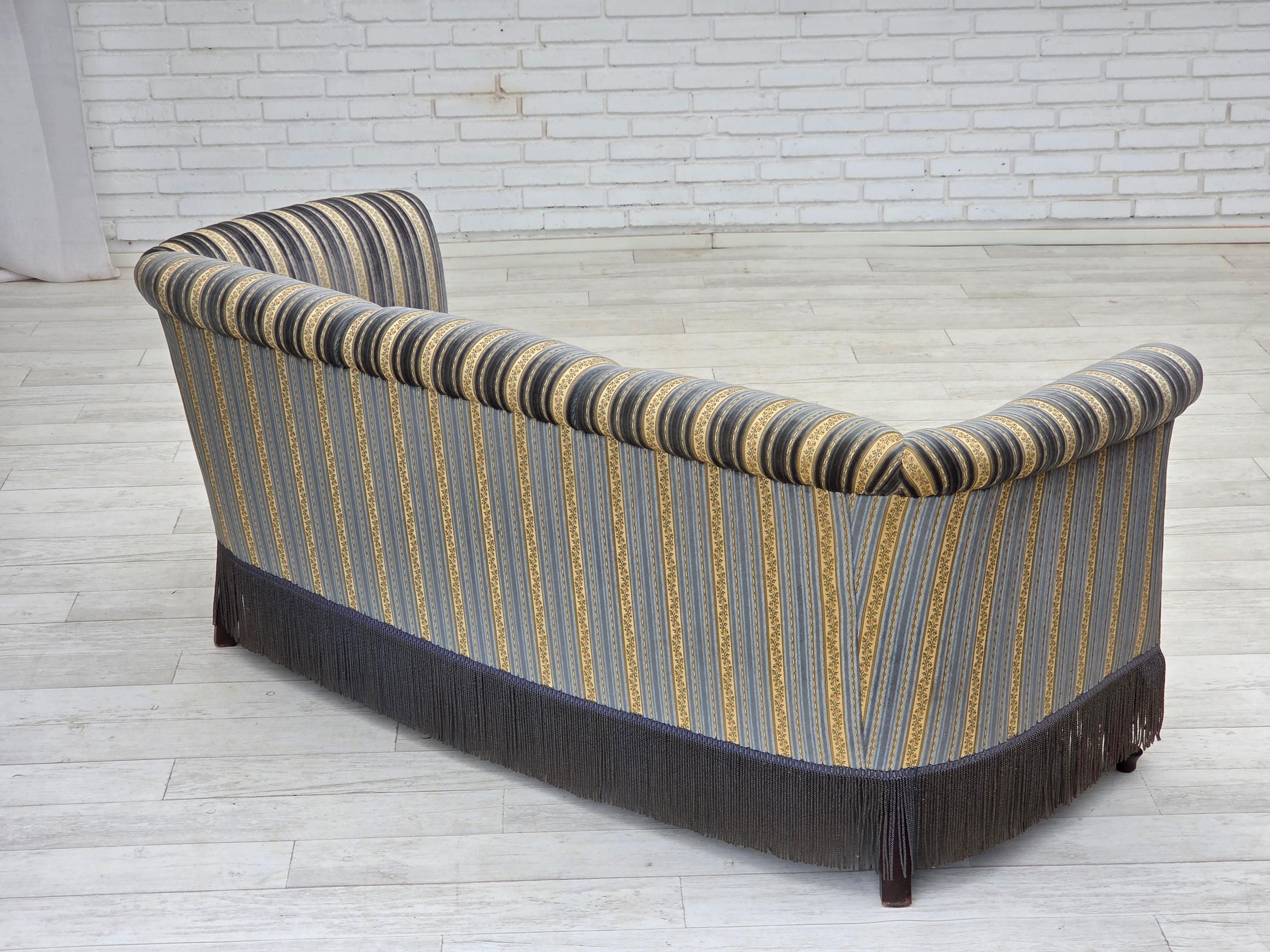 Velvet 1960s, Danish 3-seater sofa, blue/beige furniture velour, beech wood legs. For Sale